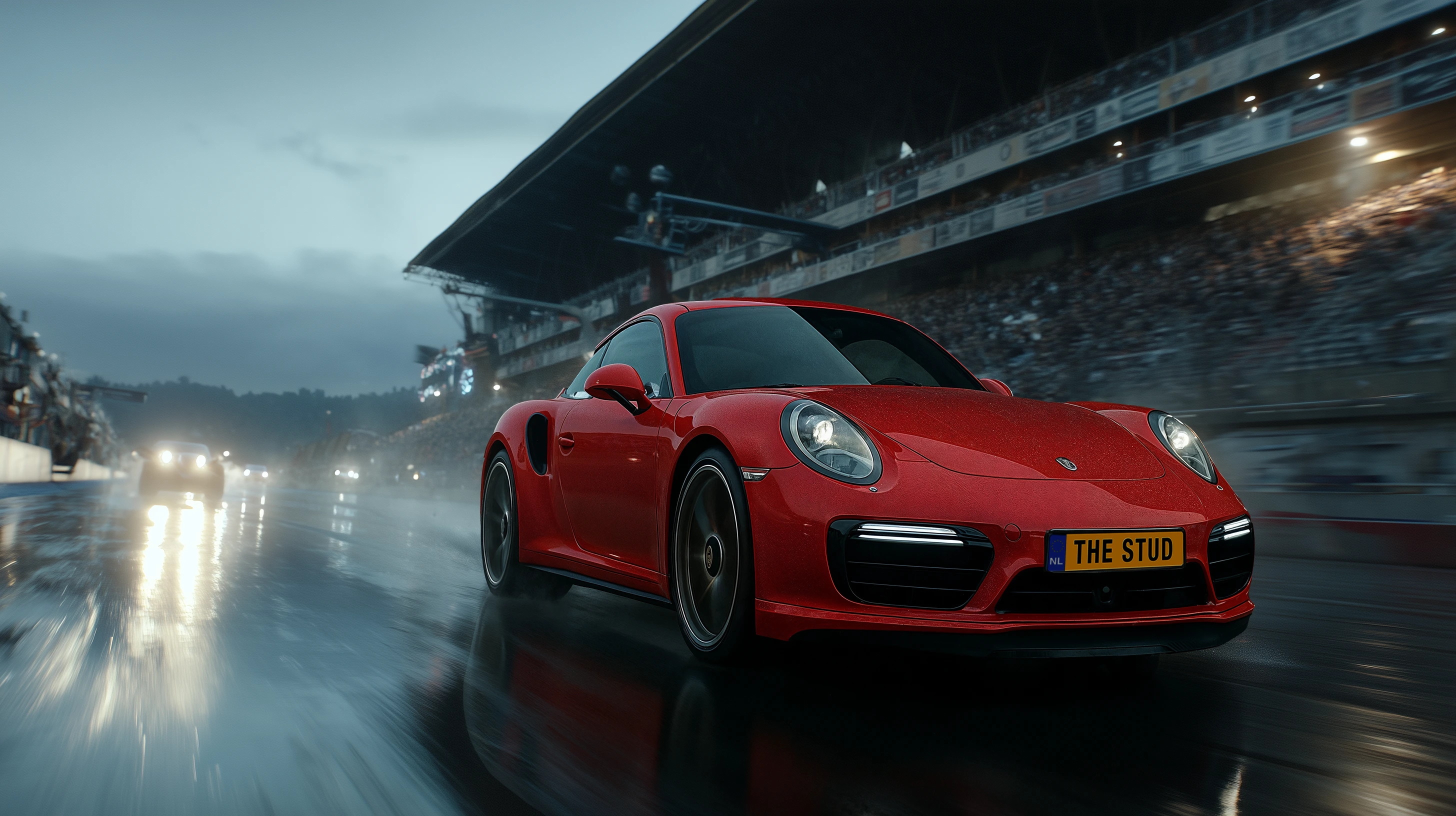 Original frame for one of the racing shots of a red 911 Porsche with license plate "The Stud"