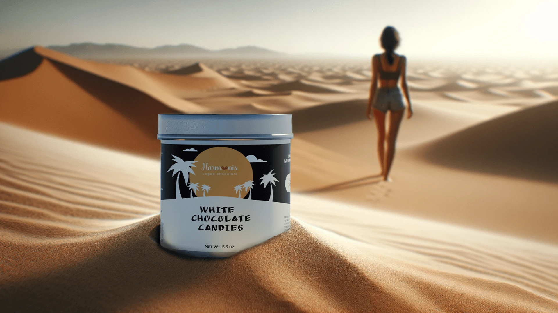 The packaging design for the Harmonix Vegan White Chocolate places the product within the vast and majestic landscape of the desert. The design draws a parallel between the purity of the white chocolate and the endless, untouched sand dunes. The palm tree motifs and the color scheme suggests an oasis, a symbol of life and sustenance in the arid desert, which could be an analogy for the chocolate itself as a source of joy and comfort in everyday life.