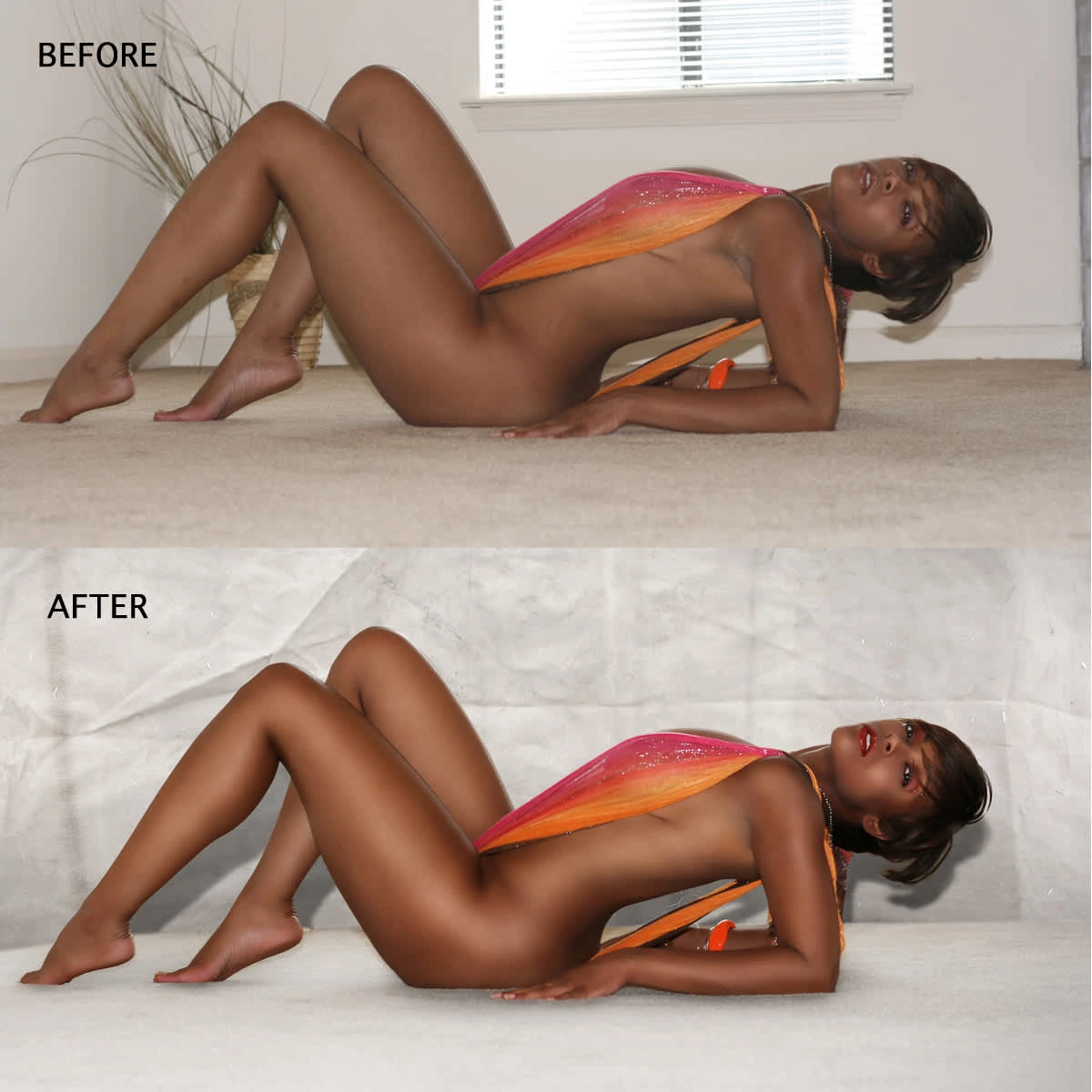 Color saturation, background replacement, light make-up application, and dramatic skin smoothing with use of manual dodging and burning,