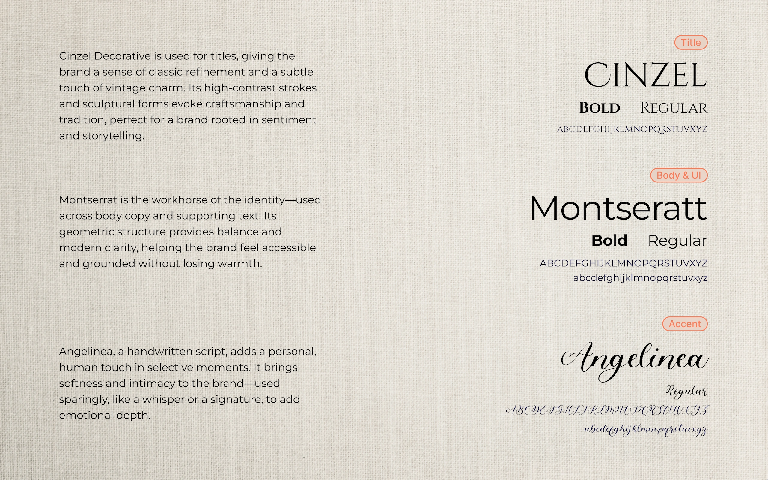 Typography: 3 distinct typefaces are used to convey the brand's identity.