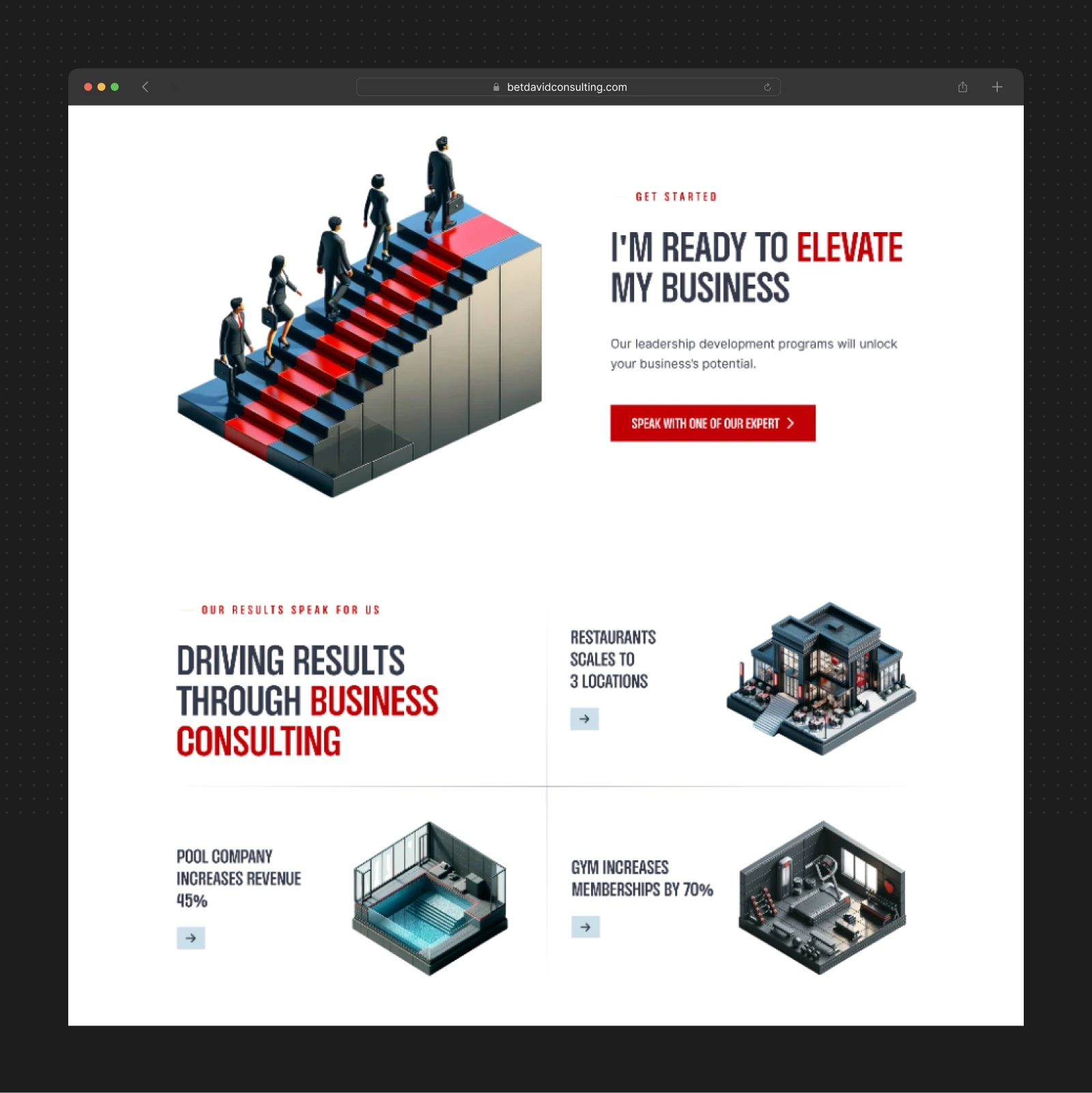3D stairway visualizes business elevation. Case study gallery proves consulting impact with measurable outcomes.