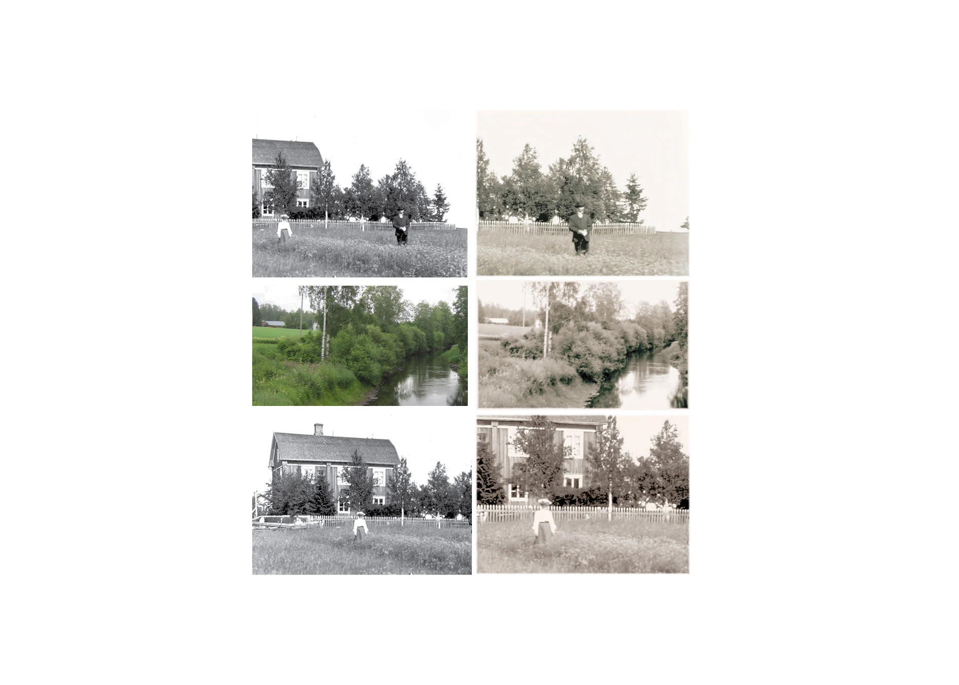 Photos of Malax, Finland (1896) juxtiposed with a current photo of a creek in Finland (2025)