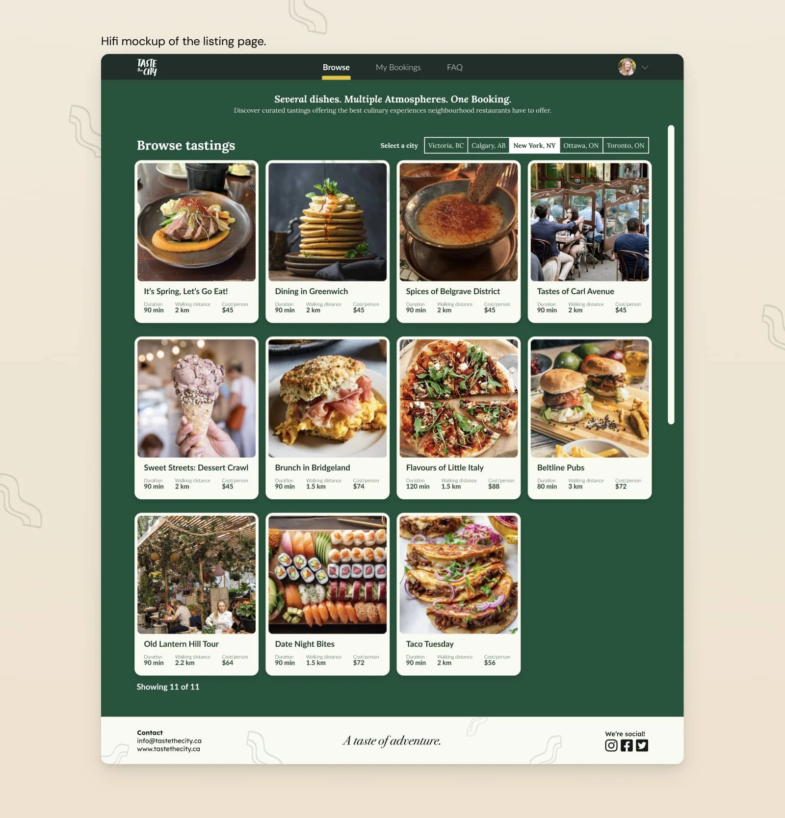 Hifi version of the listing page that features city select and related listing tiles. Clicking a tile routes the visitor to its booking page.