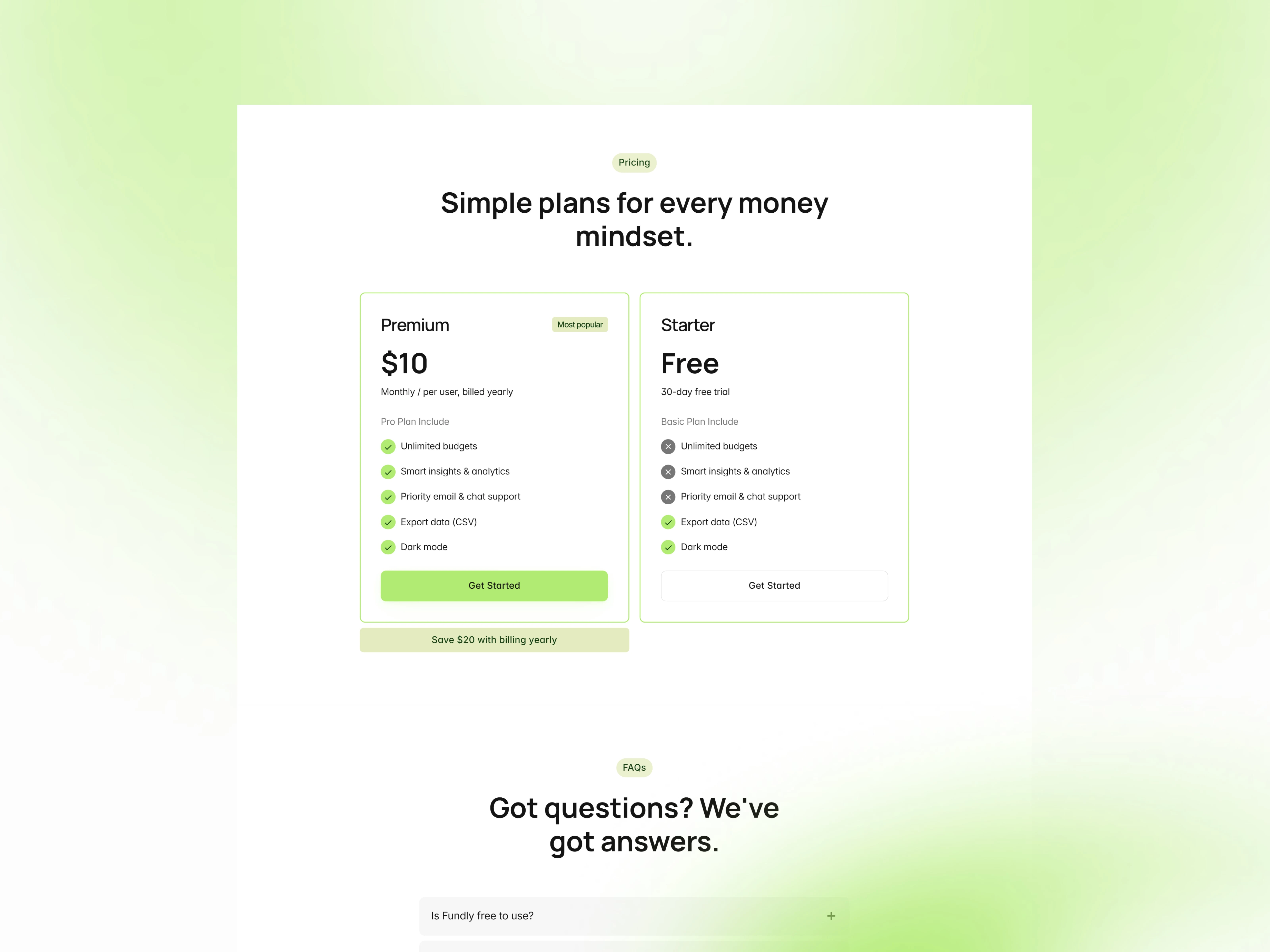 pricing section