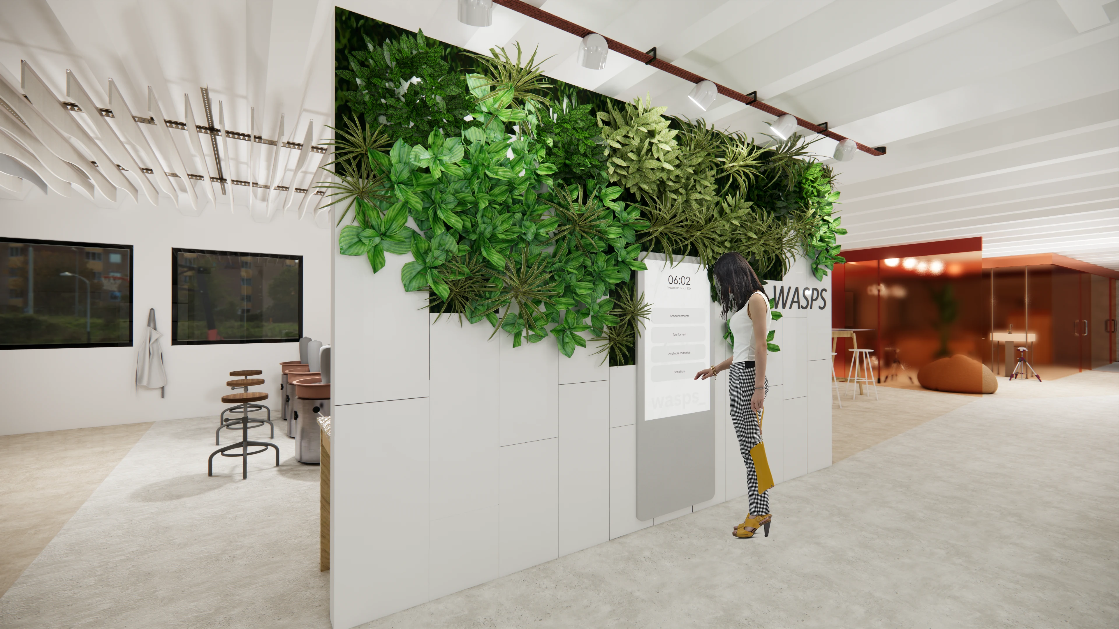 Green wall with interactive screen to order tools
