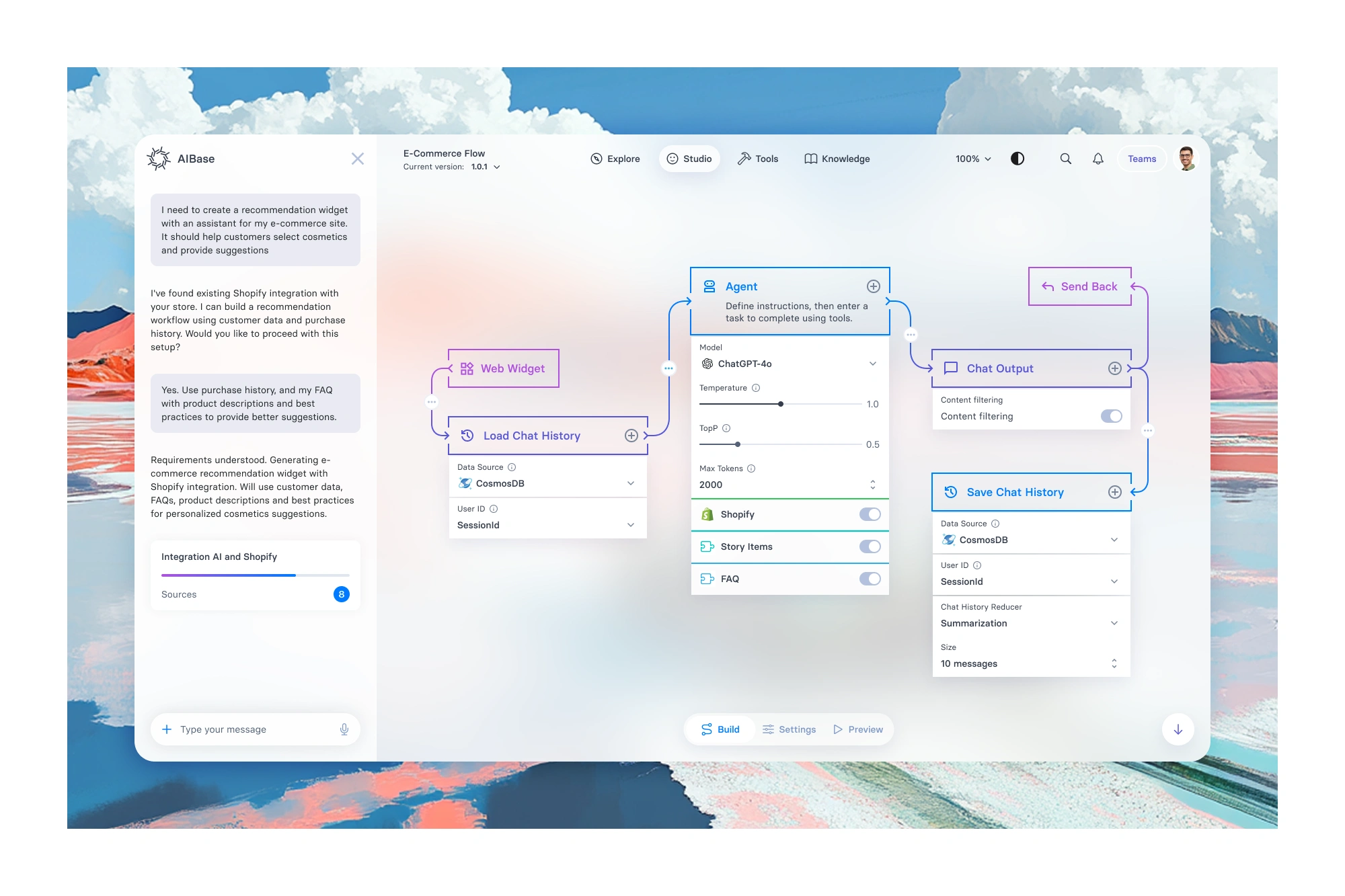 E-commerce tool with Shopify link. Connect data sources to AI for smart product suggestions based on purchase history and preferences.

