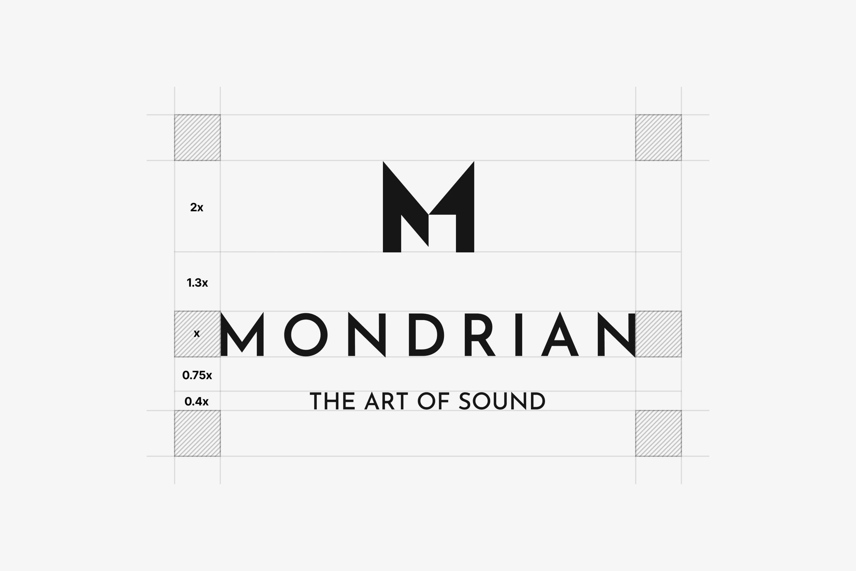 Detailed construction of the Mondrian logo, defining proportions, clear space, and typographic structure.
