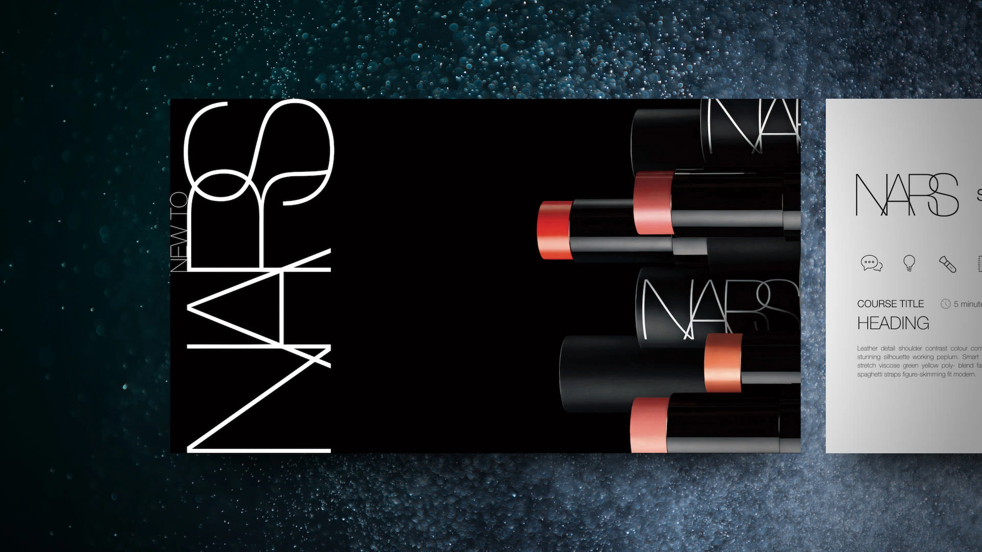 NARS Cosmetics e-learning module hero screen mockup showing "New To NARS" welcome page with stylized logo typography alongside product photography of lipstick collection in coral and nude shades on black background with course information card.
