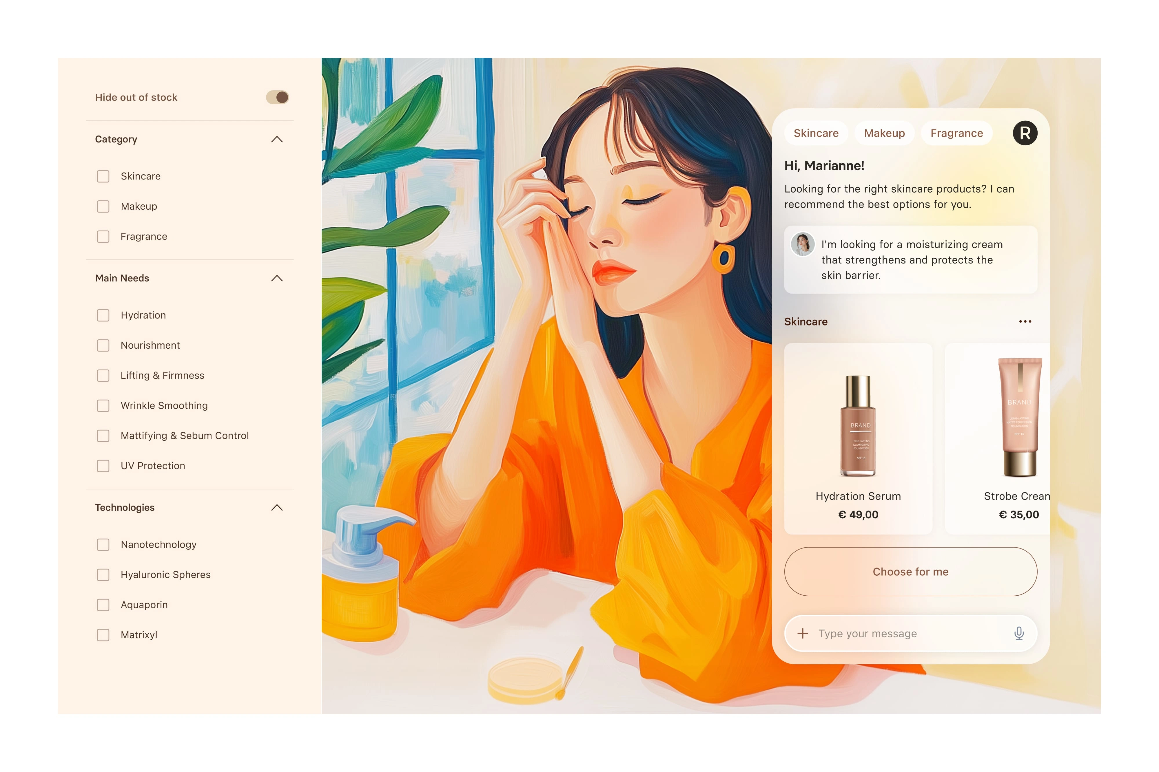 Beauty product advisor with filters. AI suggests skincare items based on needs, displaying options with pricing and one-click selection.

