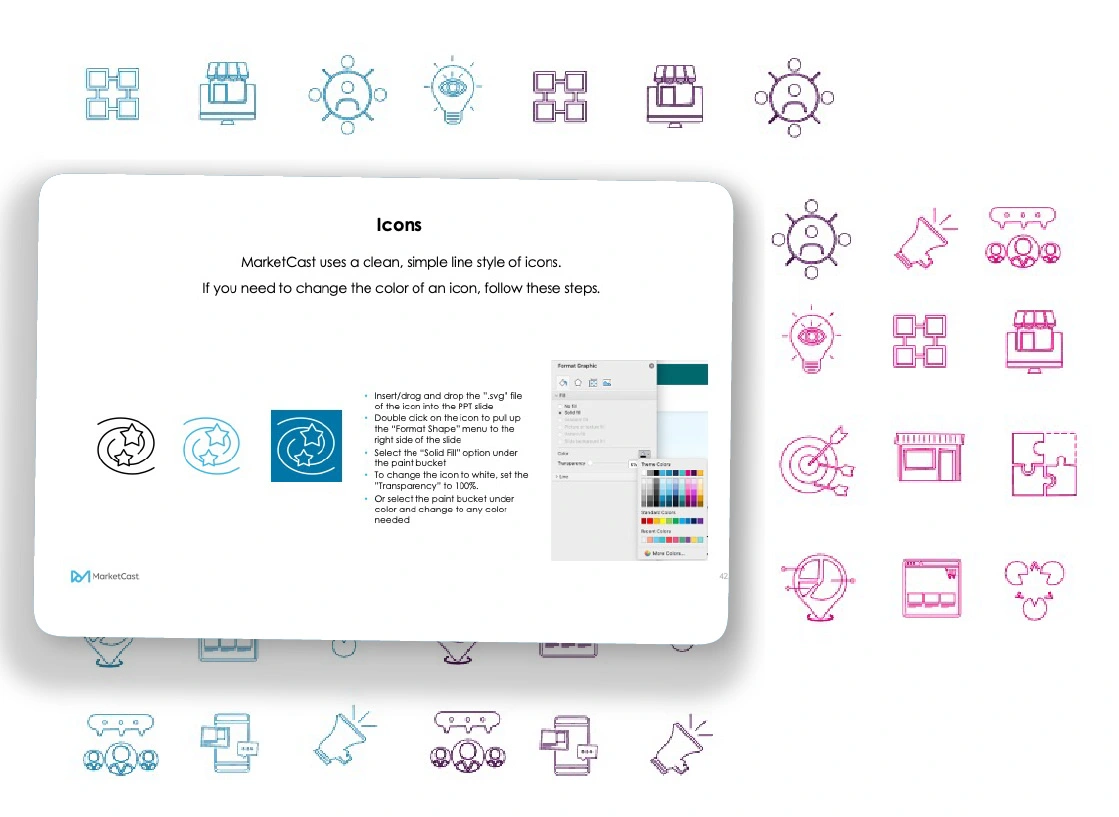Created icons in Illustrator and exported as SVGs, allowing seamless color changes in PowerPoint. The library supports the company’s full secondary palette.