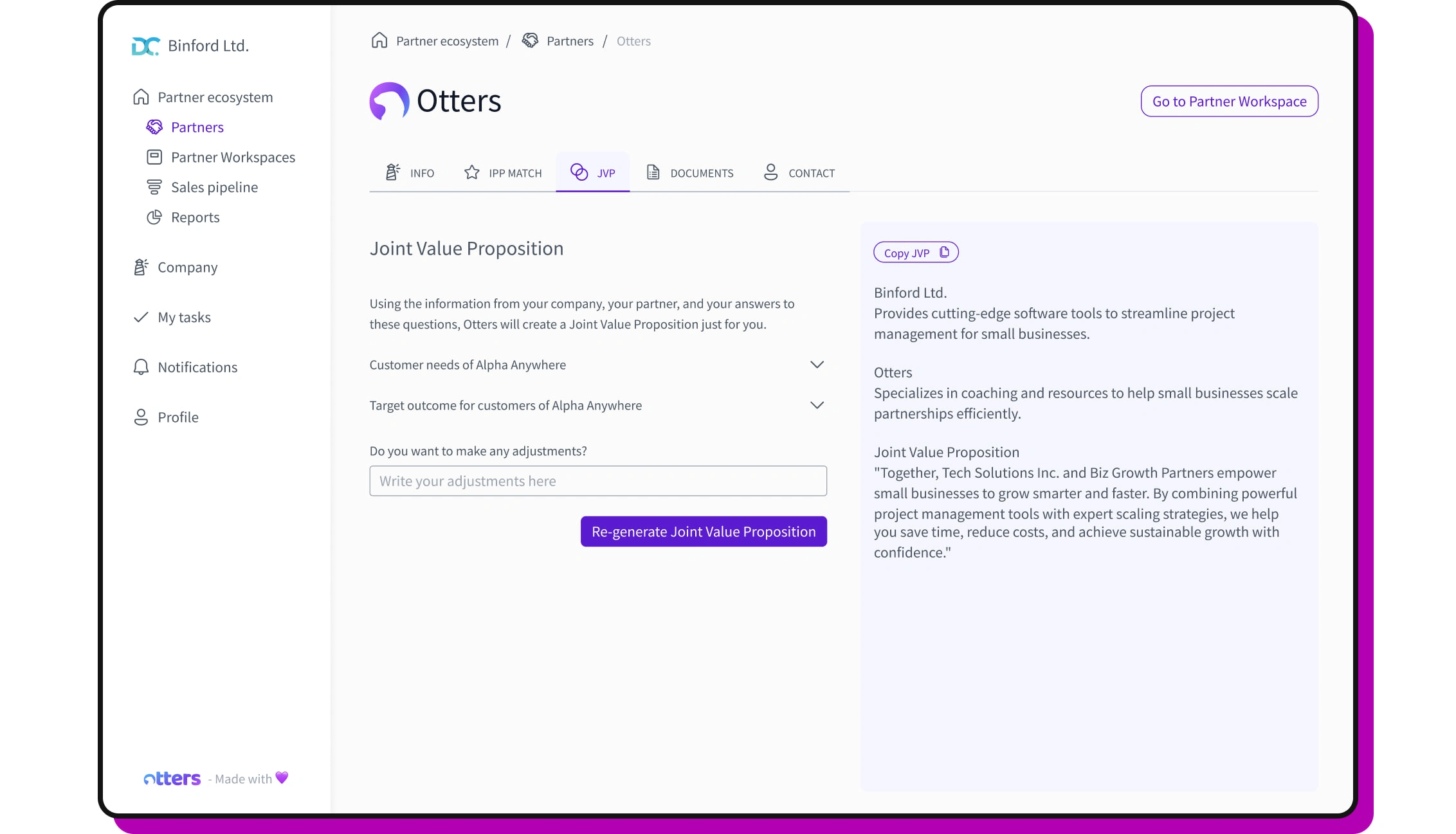 Interface to create a Joint Value Proposition - AI feature