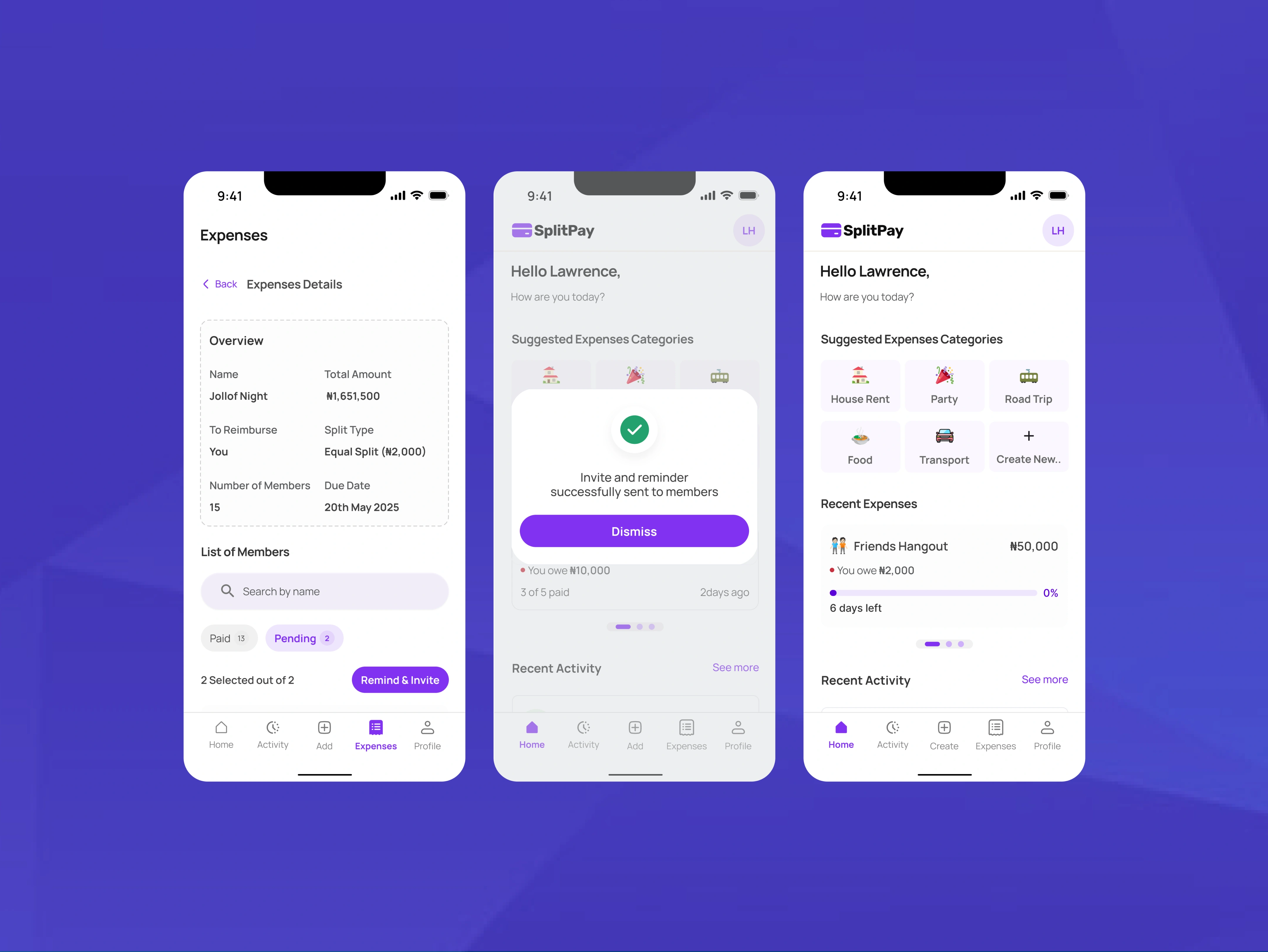 Remind & invite screens.
