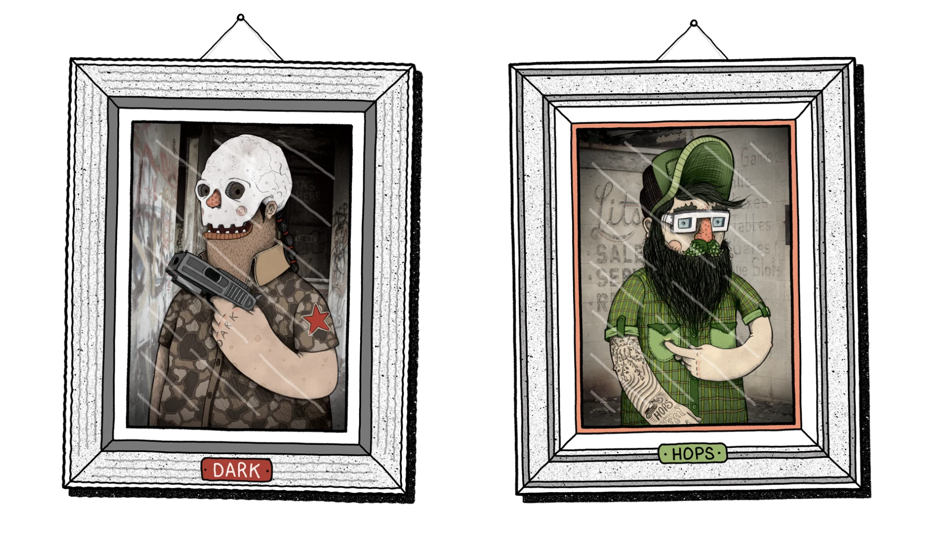 Character design for "Dark" and "Hops" beer categories.