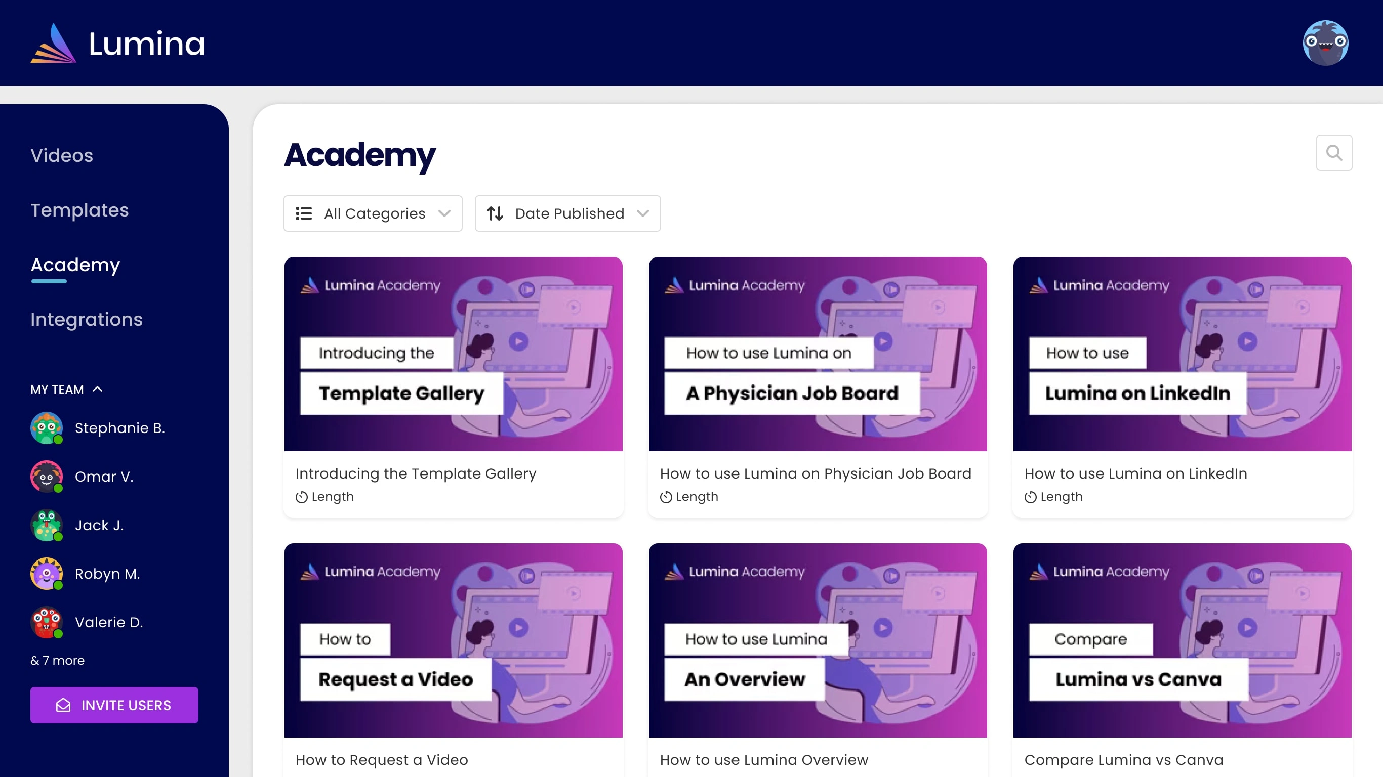 The Academy page features how-to videos and follows similar conventions as the Templates page.