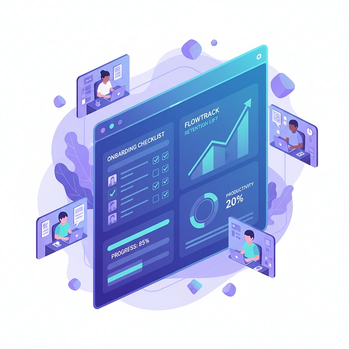A futuristic flat illustration of a glowing SaaS dashboard showing remote team collaboration, onboarding checklists, progress bars, and rising growth analytics charts, designed as a case study cover image.