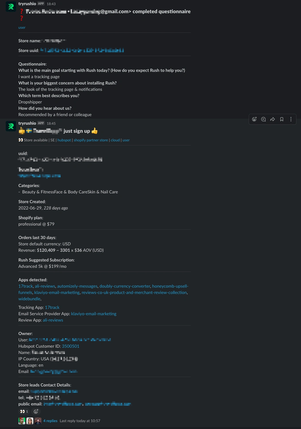 Automated Slack message sent once the client fills questionnaire and registers a store