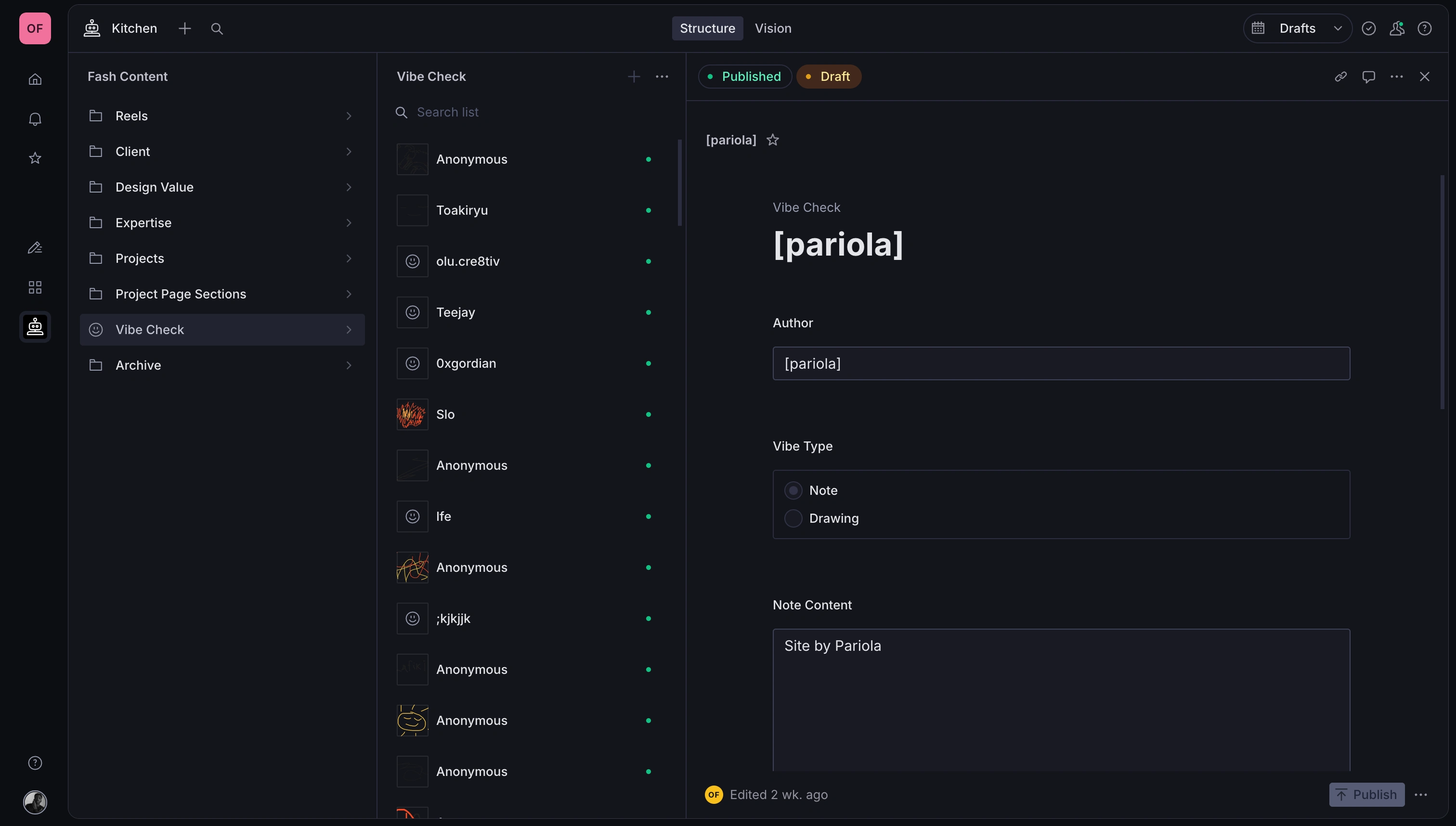 Sanity CMS - preview of the vibe check document