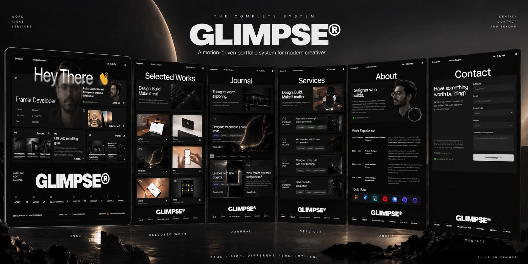 One visual language carried across the complete portfolio system.
