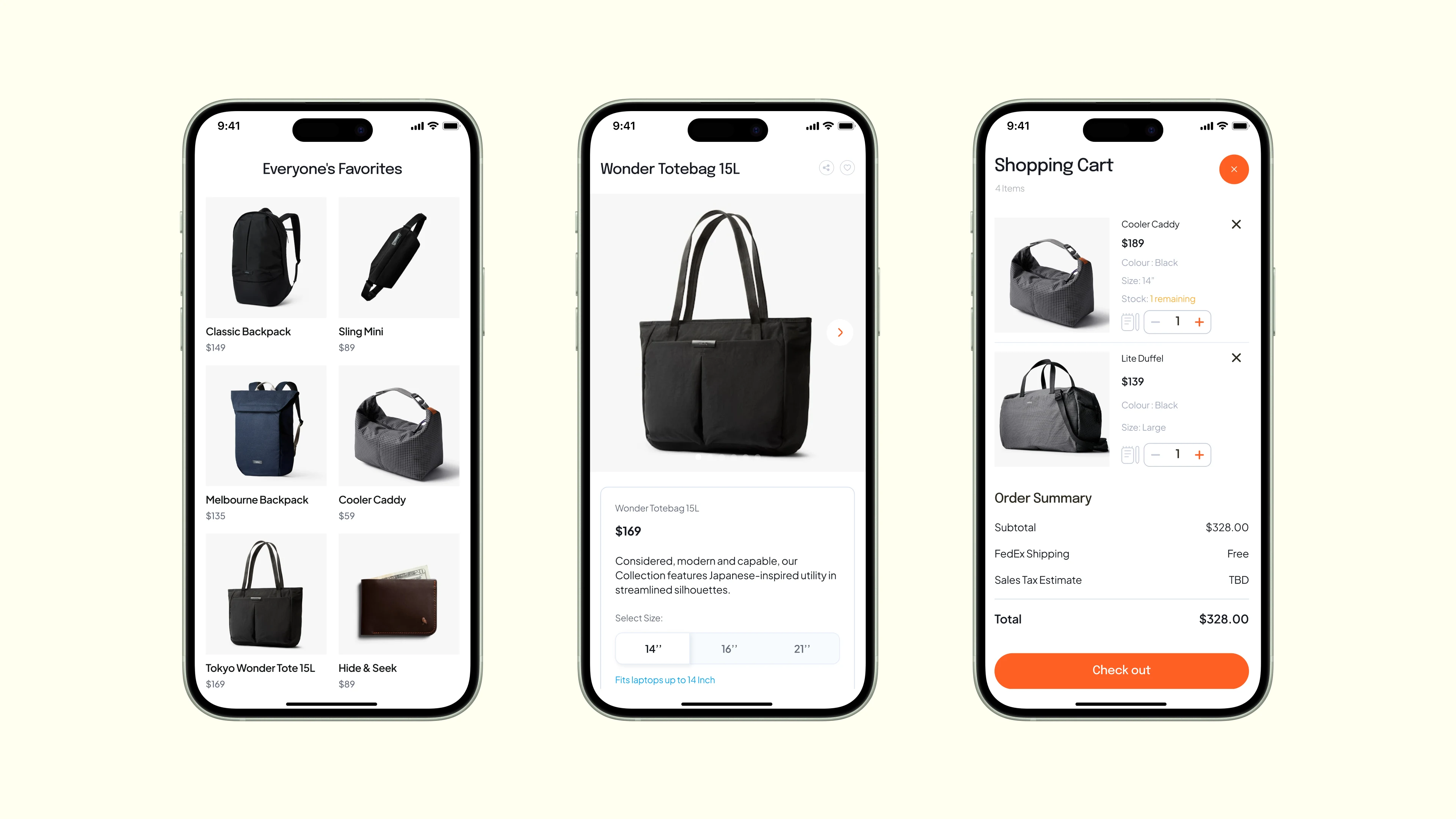 A minimalist e-commerce store interface featuring a collection of premium bags and accessories with a user-friendly shopping cart system.