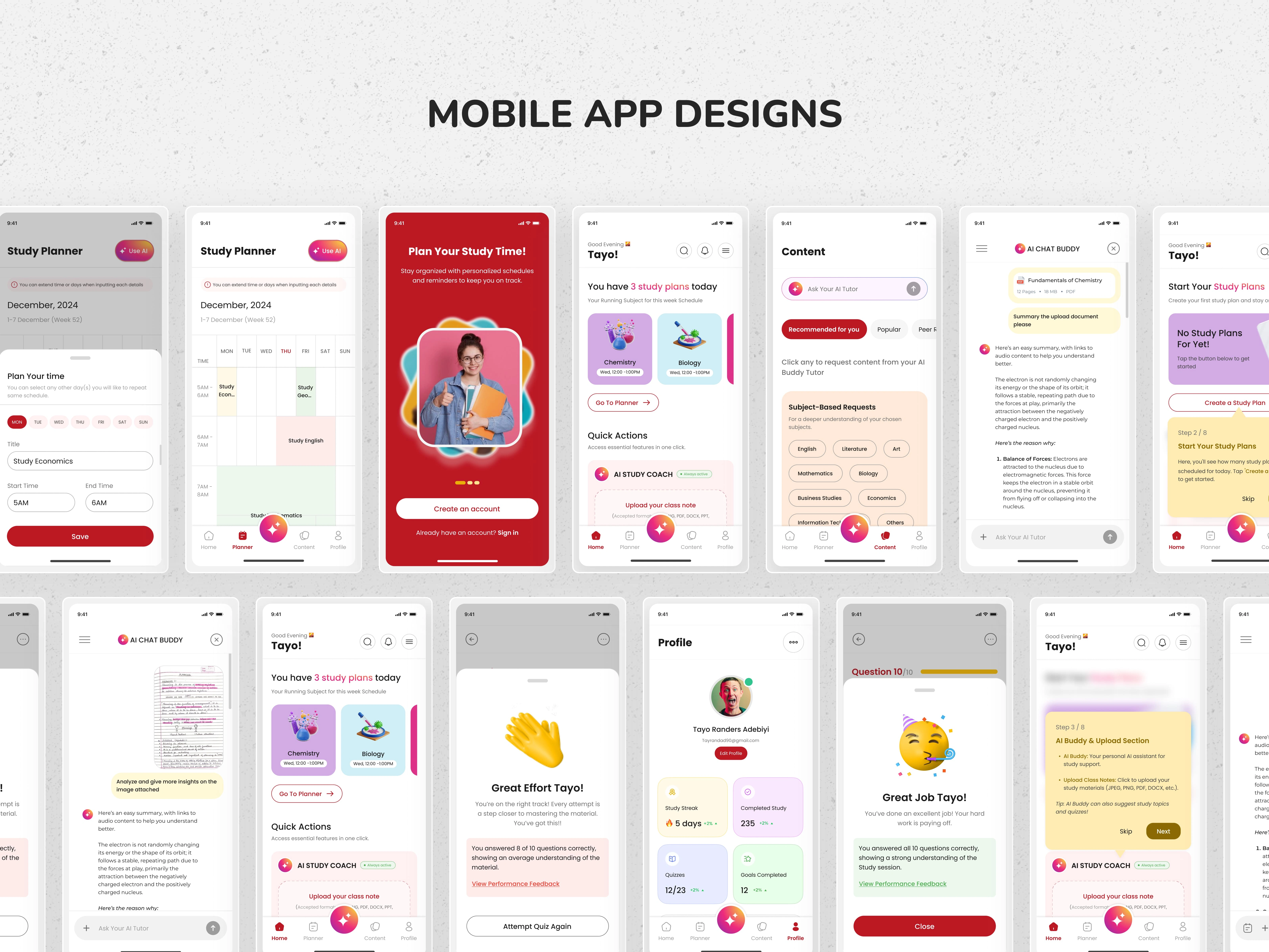 Screens from the Mobile Application designs