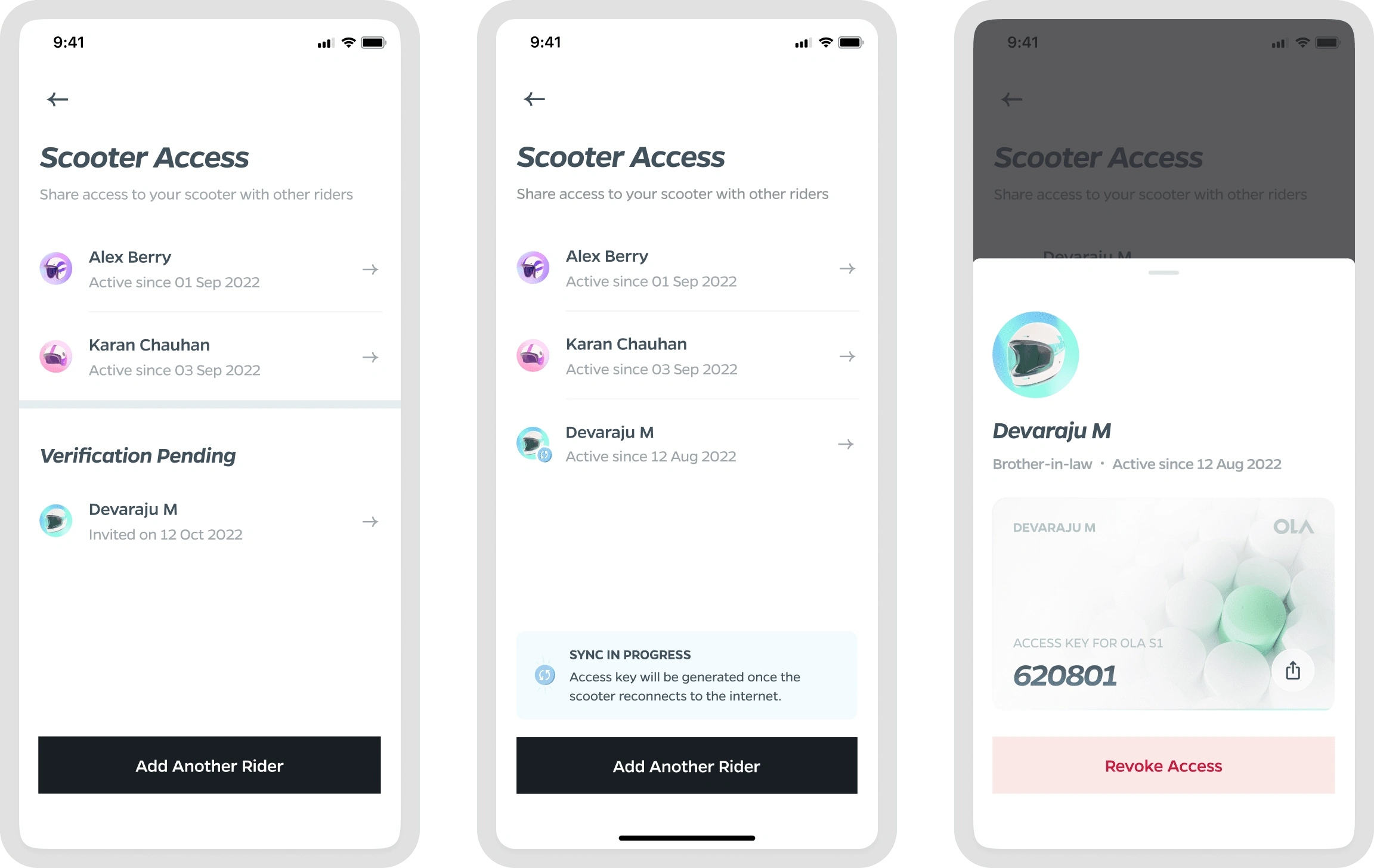 Left: List of Riders; Center: Syncing States, Right: Remove Access