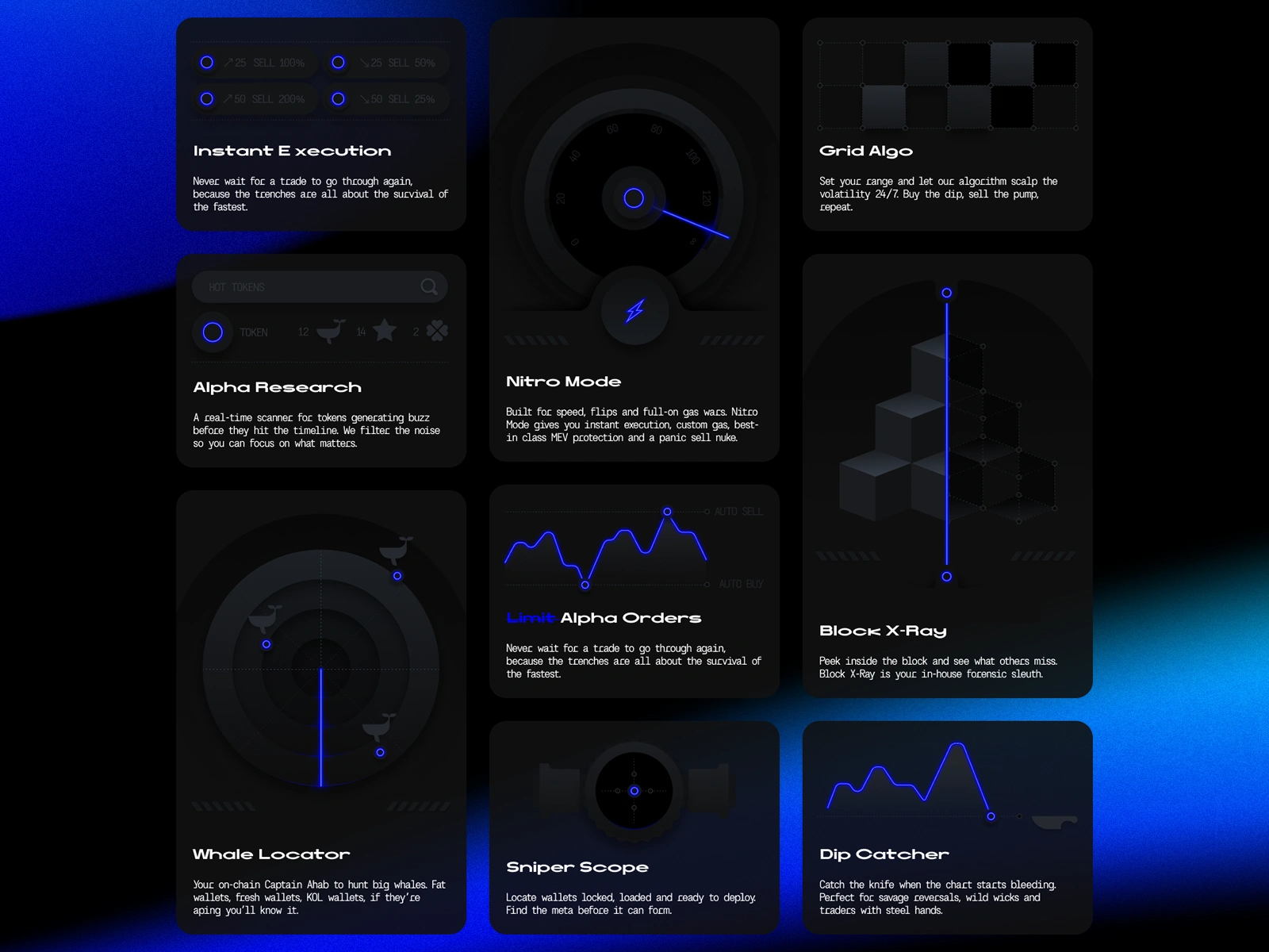 Feature grid showcasing the Alpha One toolkit: from Whale Locator to Grid Algo.