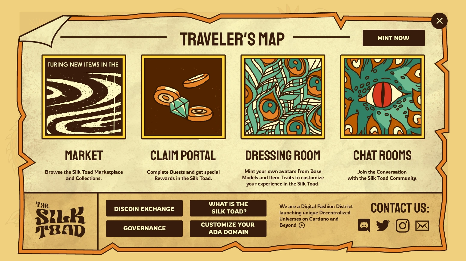 To follow the storytelling experience direction and fantasy/magical elements, I designed the website's "Hamburger Menu" as a hand-drawn "Travelers Map" that opens when users click into its respective button, providing access to the the core functionality.