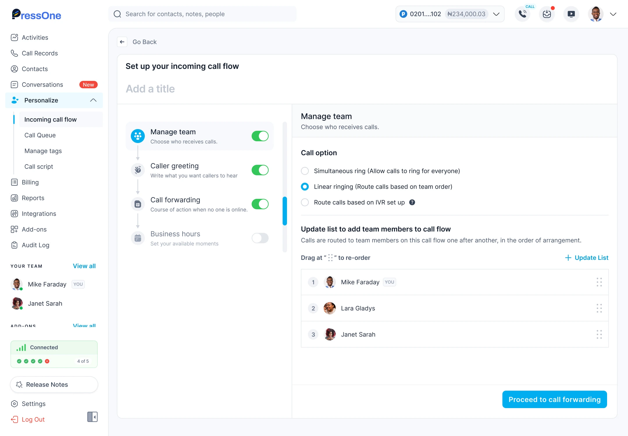 Manage Team: Route calls based on team order