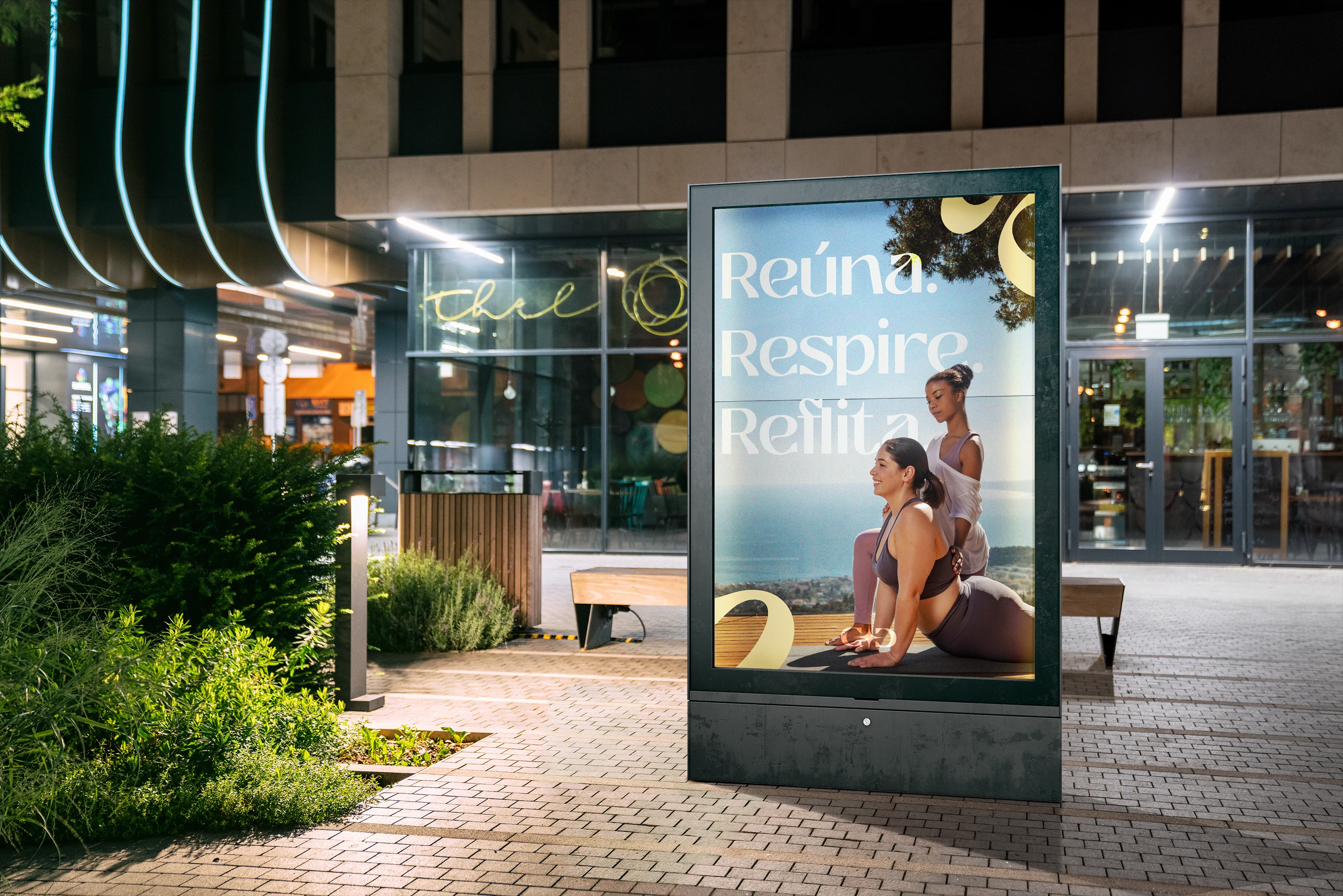 "reunite. breathe. reflect." advertisement mockup