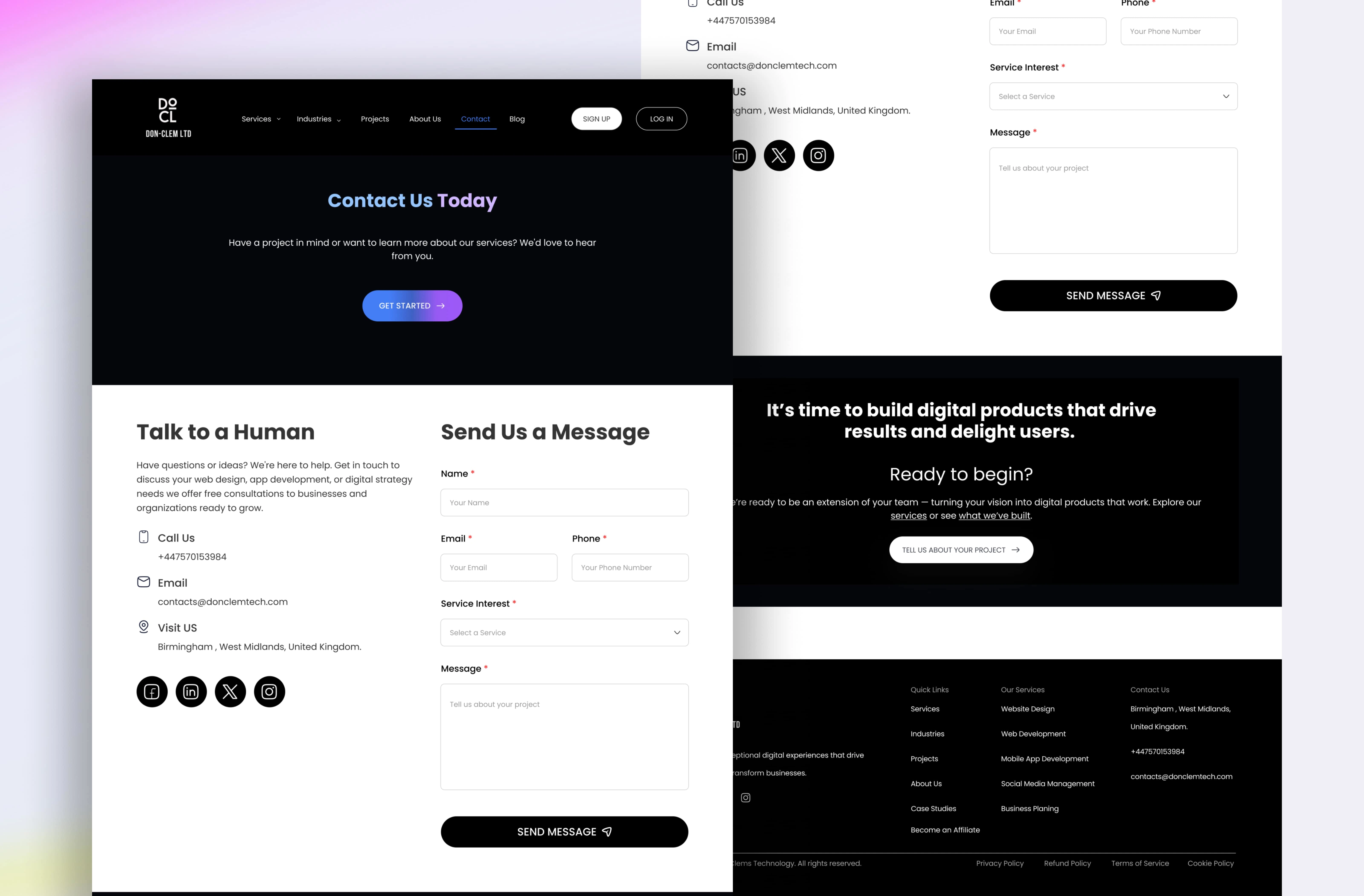 Overview of contact us page
