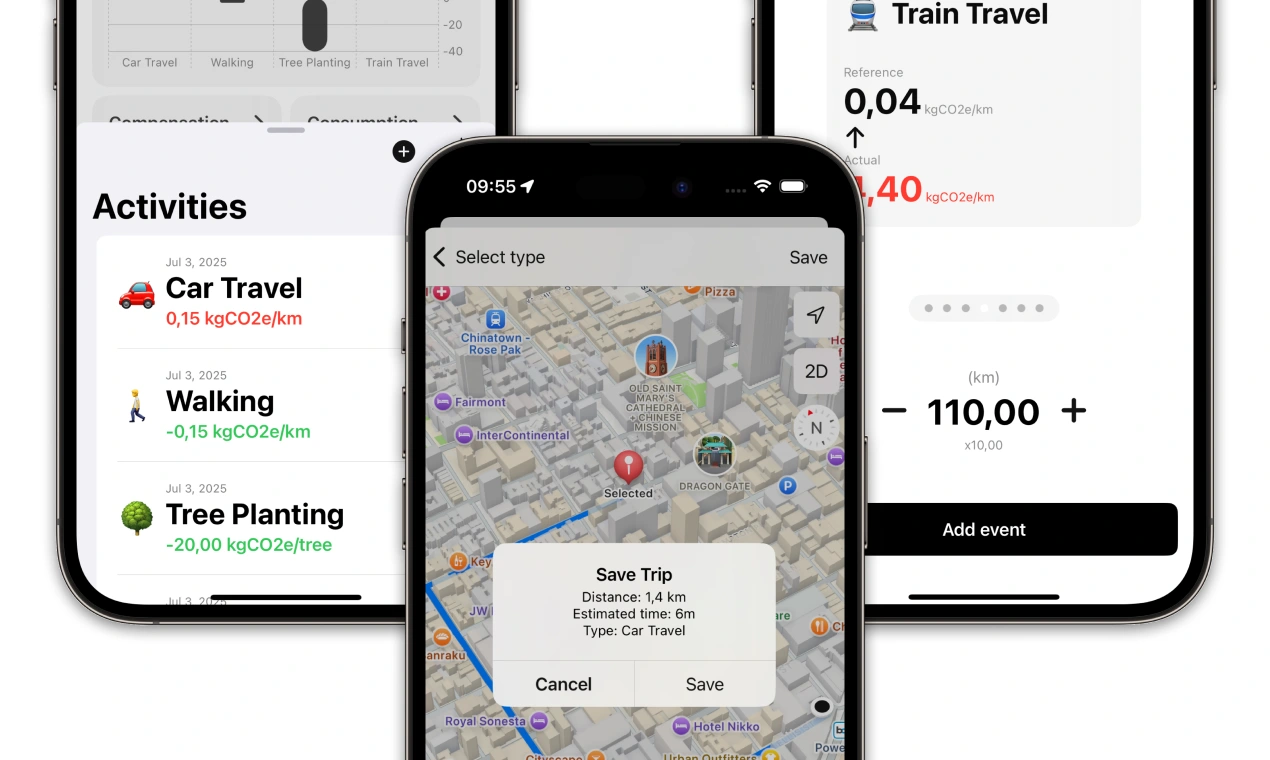 Add your CO2 usage manually or by choosing a destination on Apple Maps
