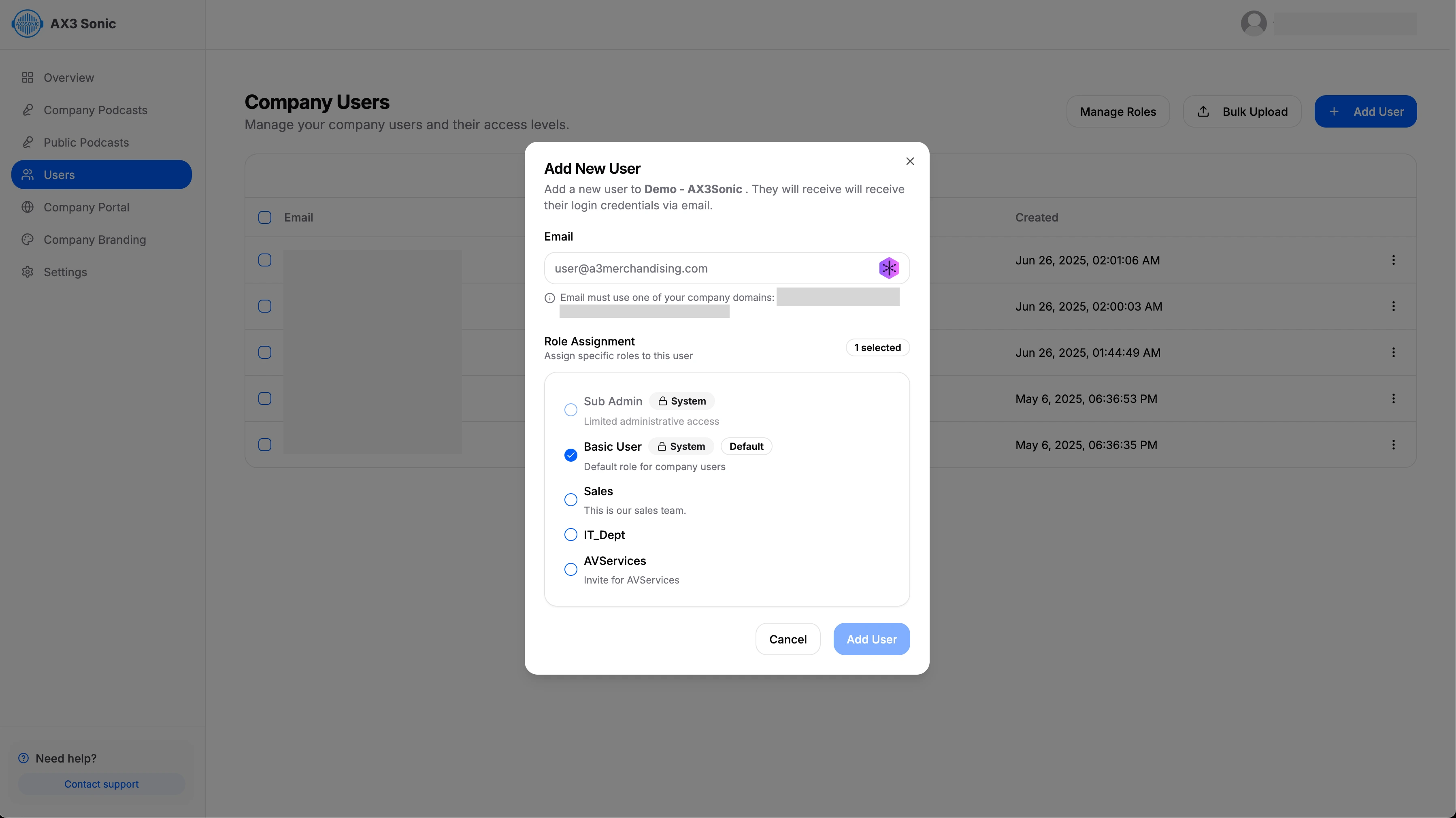 Company user creation popup