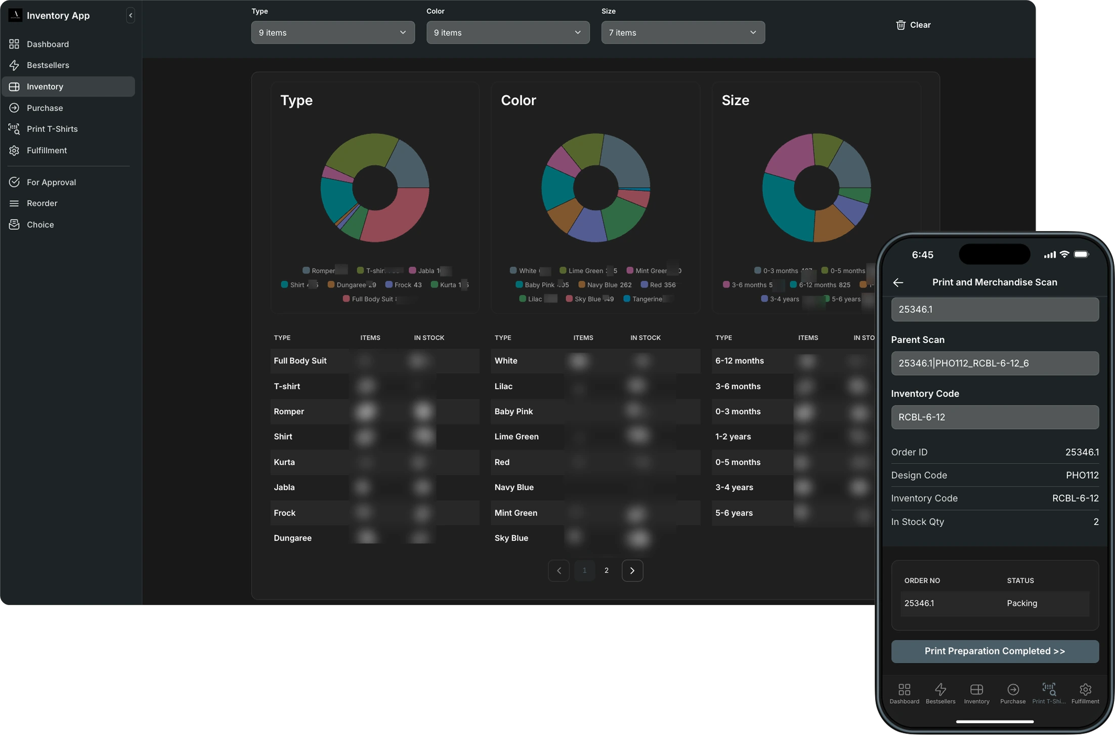 Live order tracking and inventory insights—team members scan barcodes to update order status, while dynamic dashboards visualize stock by type, color, and size for smarter procurement decisions.