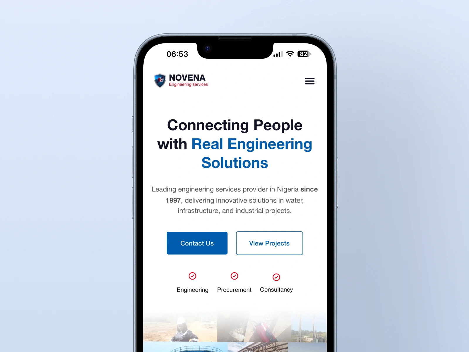 mobile view of novena's engineering website