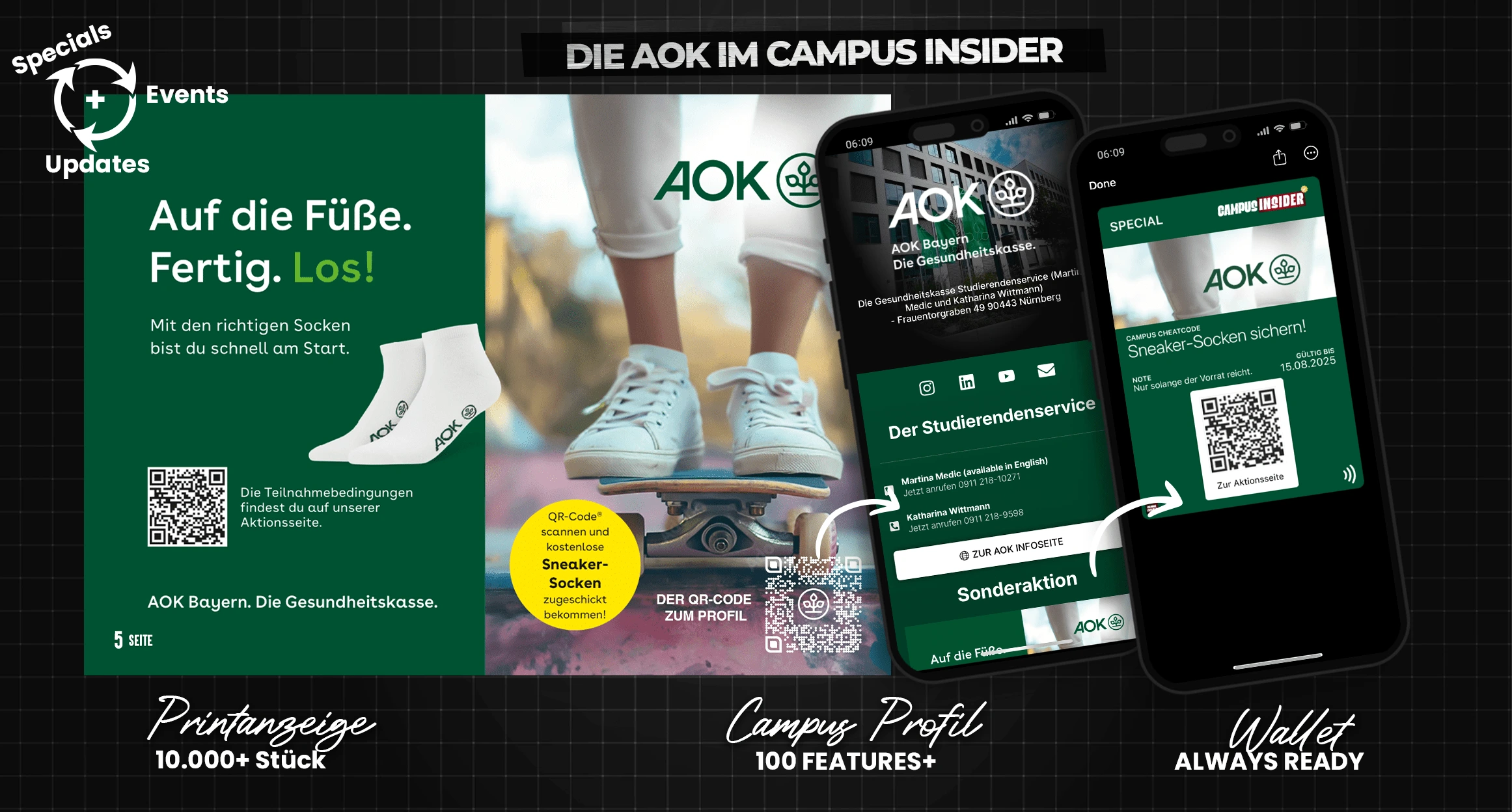 AOK activation inside Campus Insider – print meets mobile wallet to drive engagement, giveaway claims, and direct student contact.