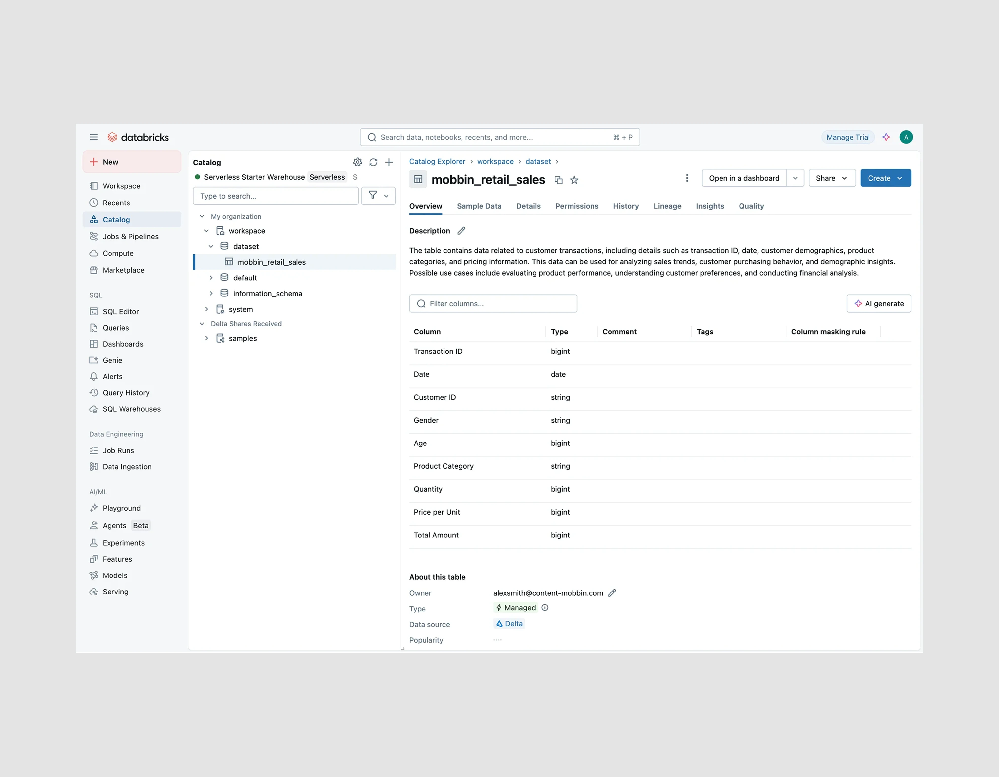 Original Databrick Data Catalog screen