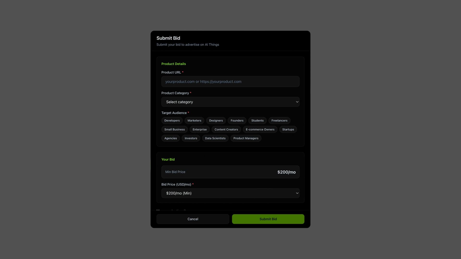 Dashboard | Add Bid Form