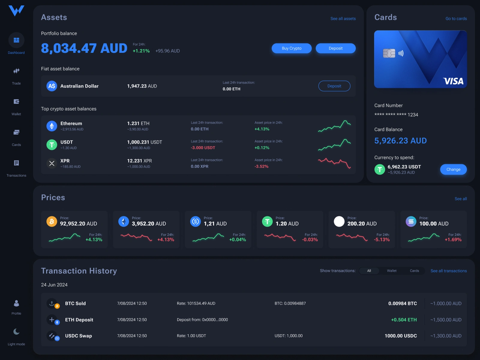Dark mode dashboard UI — crypto and fiat balance tracking, price feeds, and transaction history combined in a modular, data-focused layout.