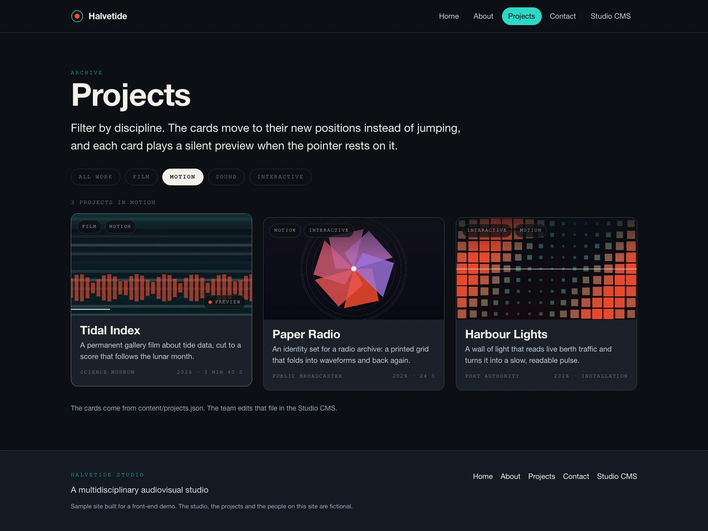 Projects: filter by discipline, cards reflow and preview on hover