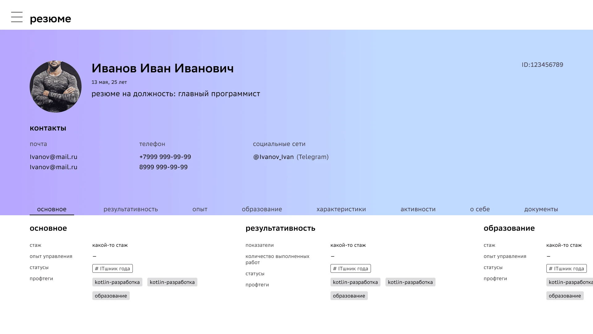 Страница полной информации резюме