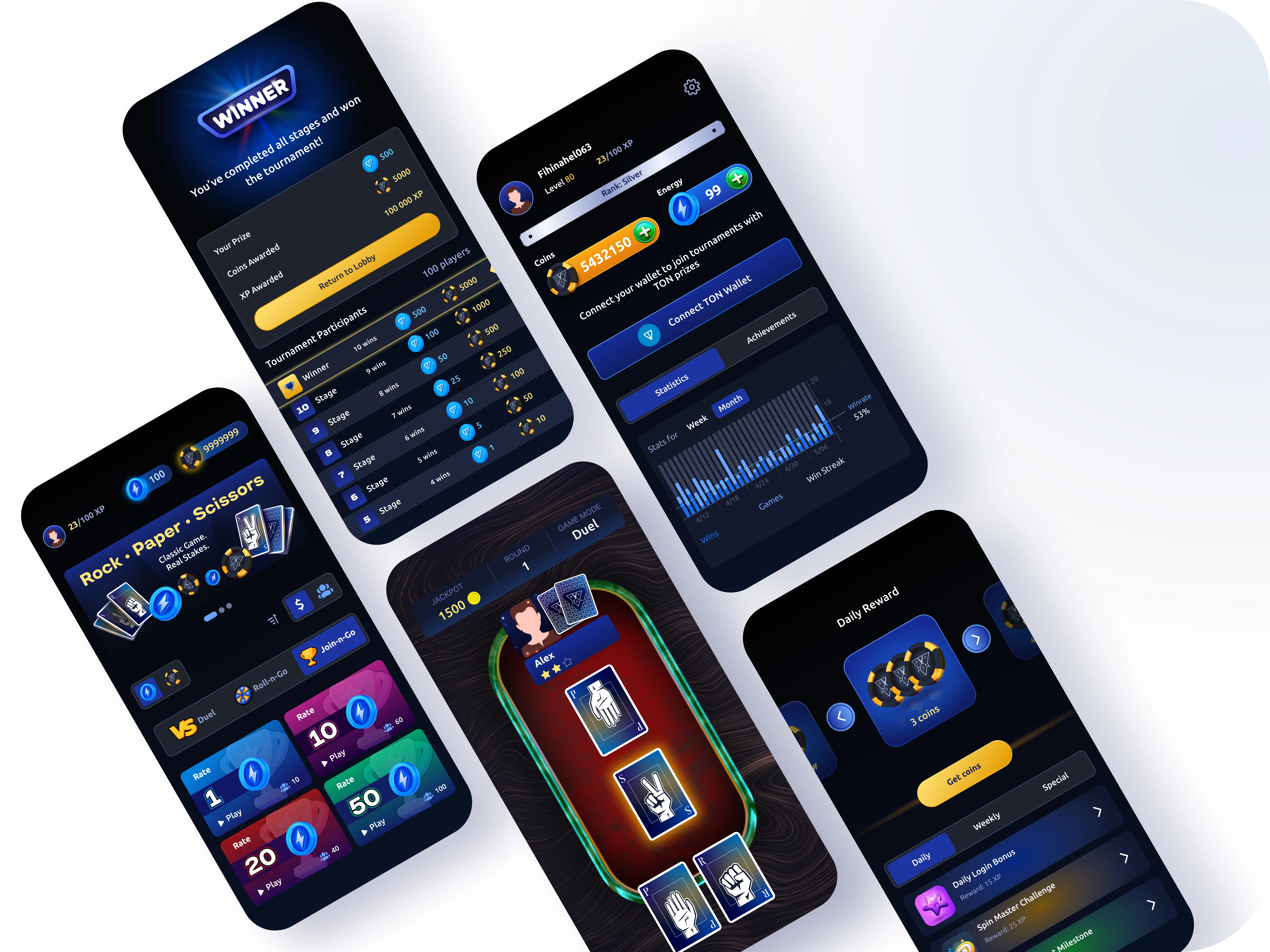 Full mobile UI: game modes selection, player dashboard, tournament tables, rewards, and in-game flow.
