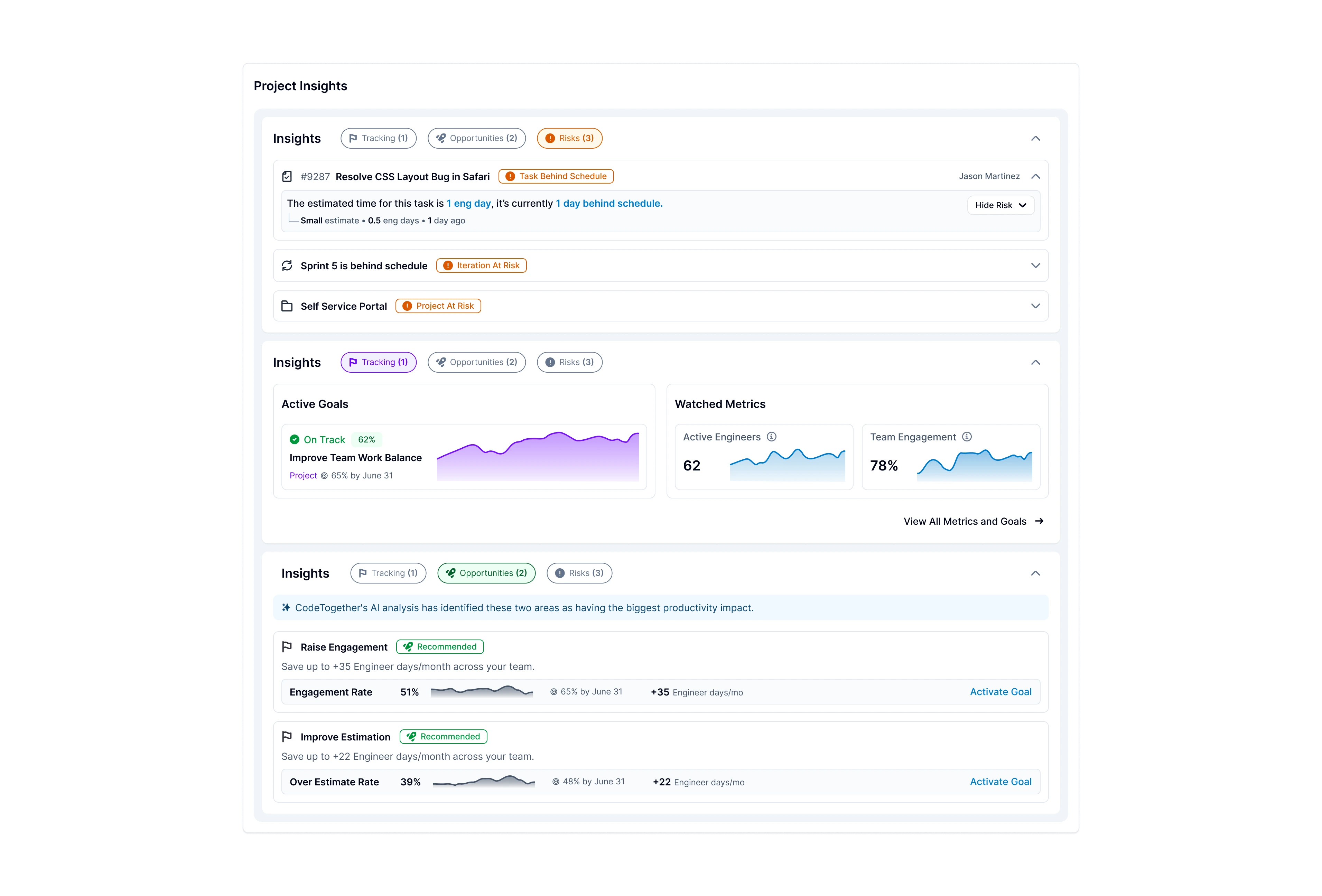 AI-driven project insights scoped to tracked goals and metrics, opportunities to improve, and delivery risks