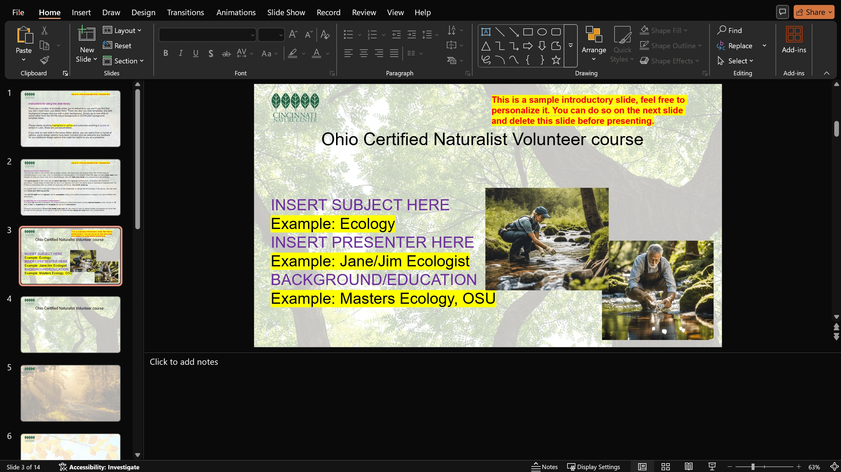Created a template for the Cincinnati Nature Center cohorts teaching the Ohio Certified Naturalist course for consistency. 