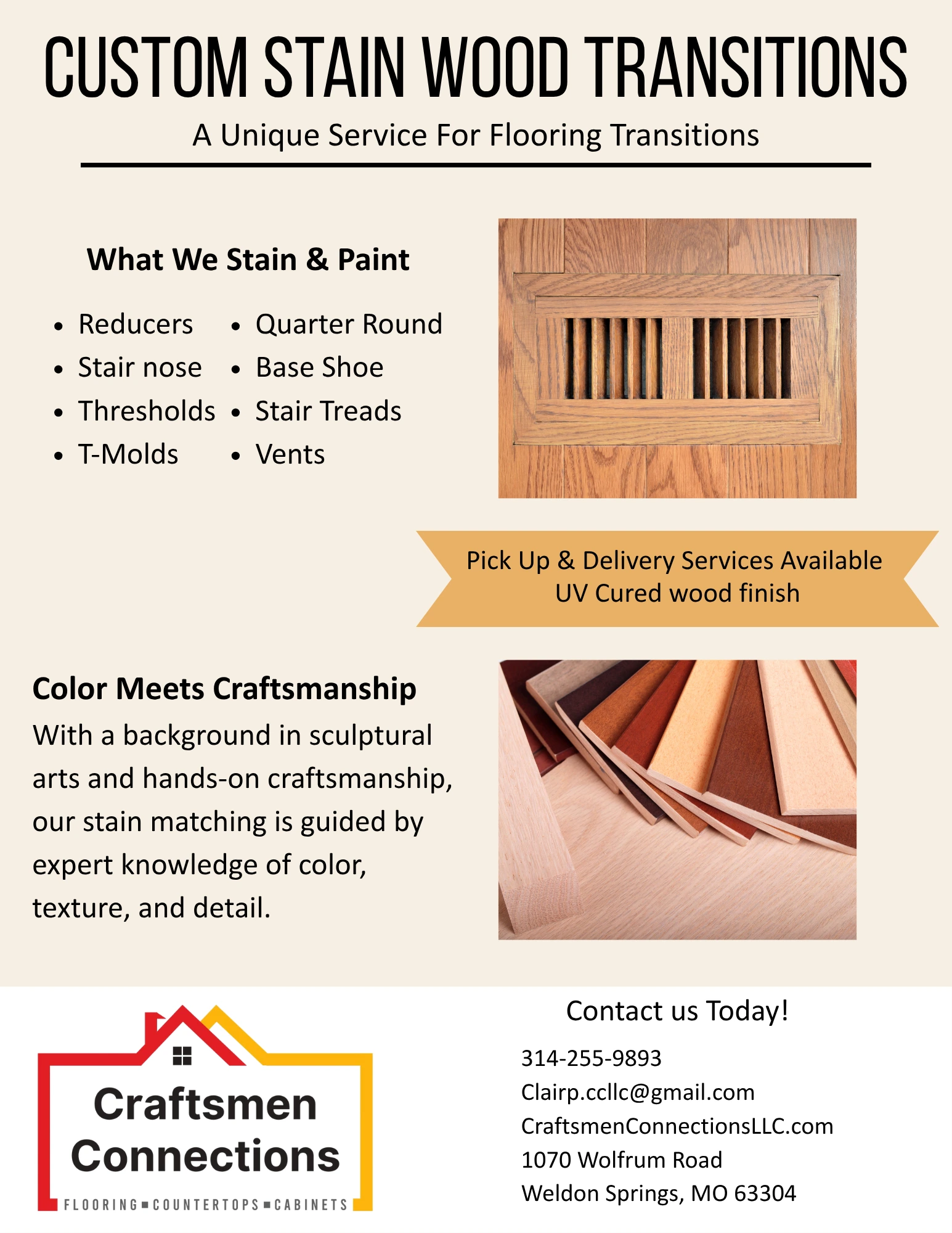 Flyer for custom staining services at Craftsmen Connections.