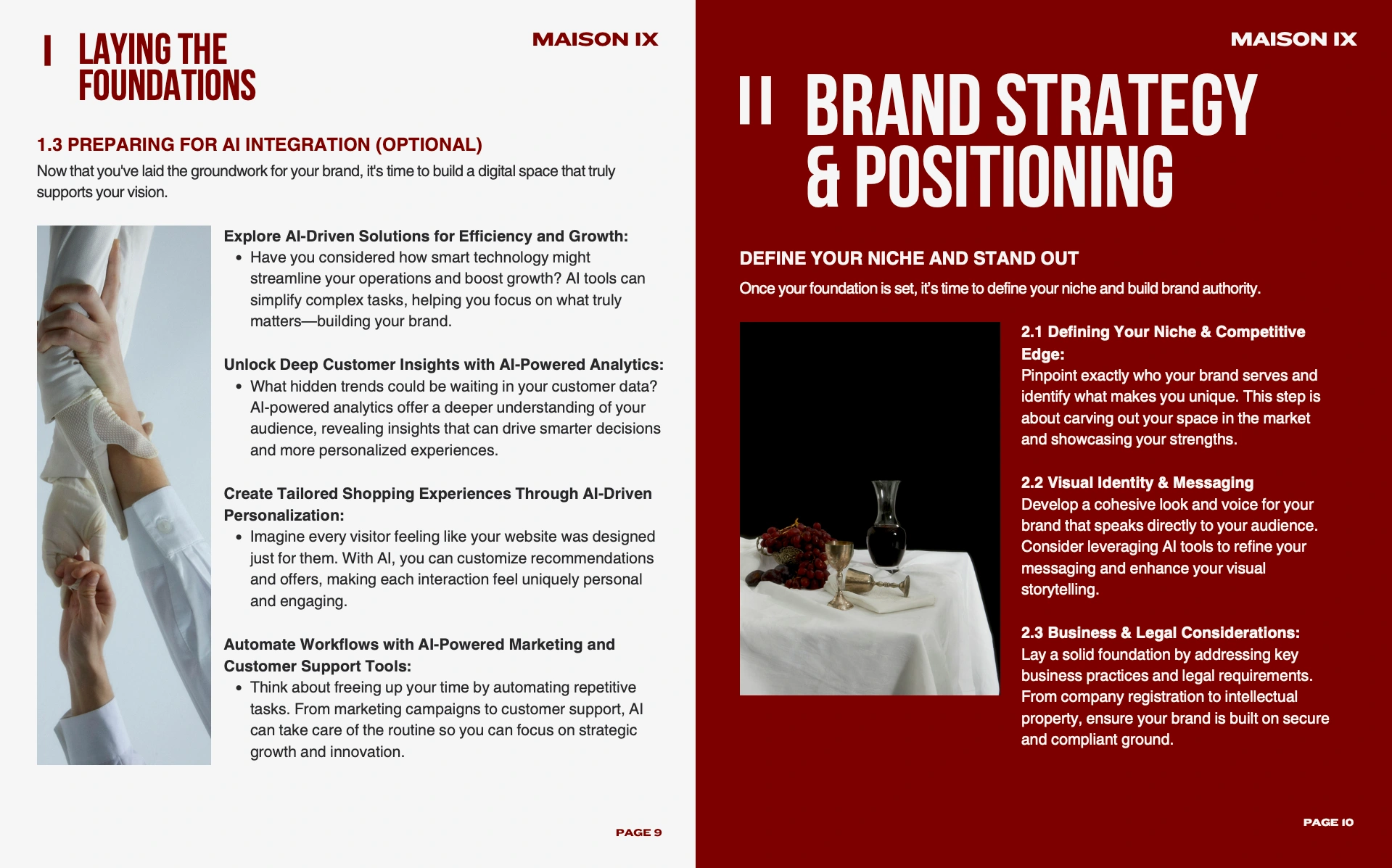 Combining future-facing strategy with grounded brand clarity, this spread introduces Maison IX’s positioning framework, guiding founders from foundational identity to competitive edge and visual messaging.