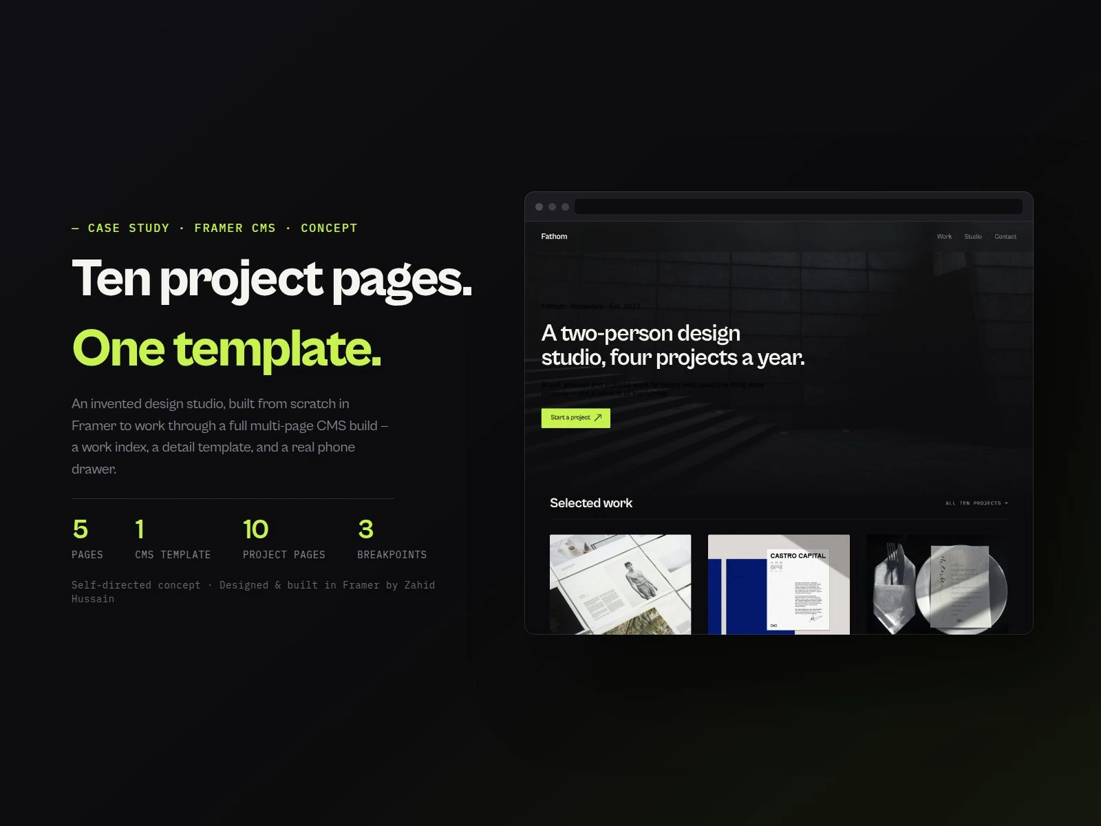 Fathom — ten project pages, one template