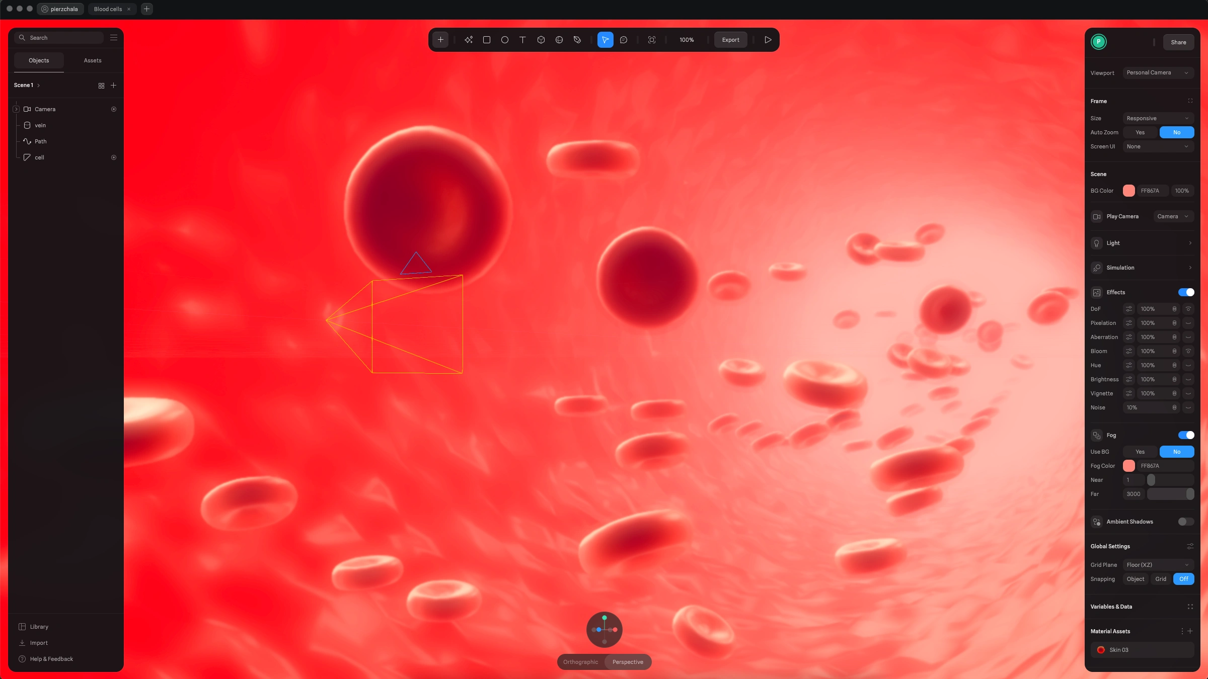 Closeup on the blood cells, made in Spline.