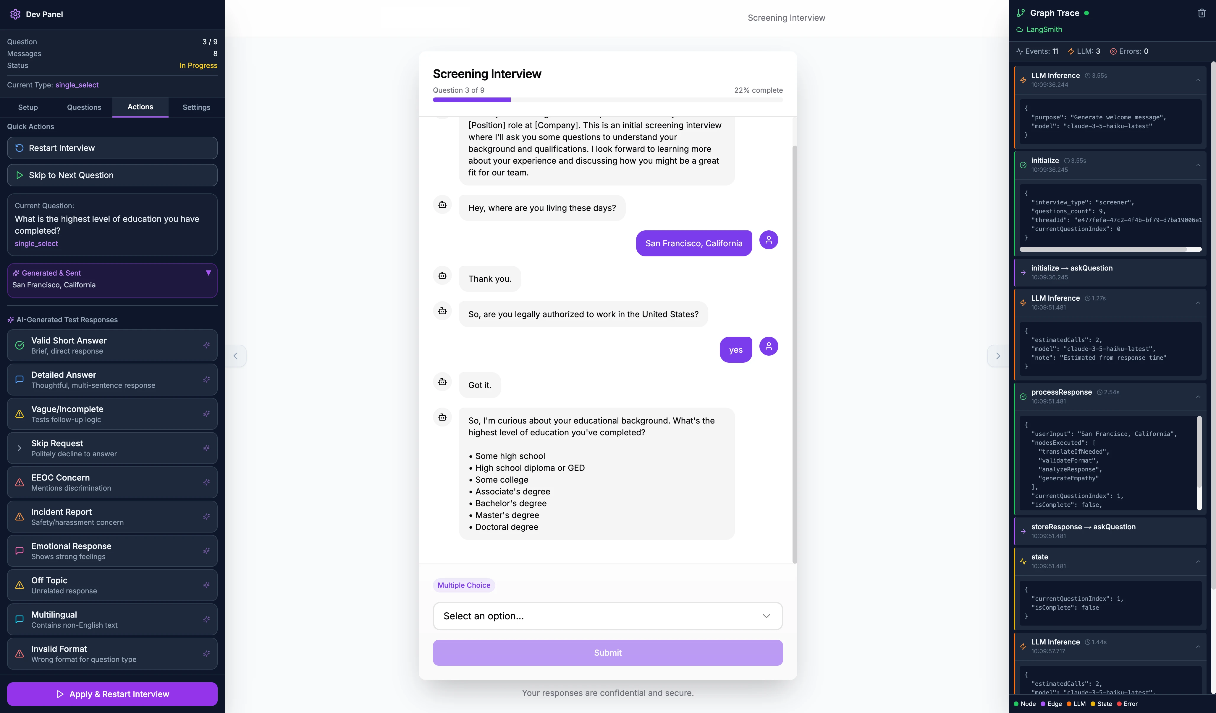 Testing Station w/ AI Injection + Trace Breakdown & Timeline