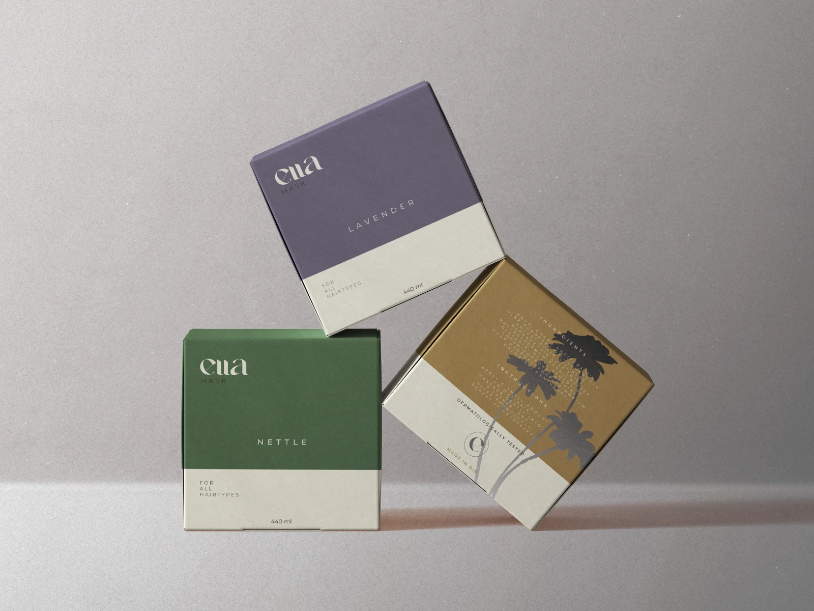 Small box packaging design for cosmetics:
This design features three distinct variants, each representing a unique formula based on lavender, nettle or chamomile. Every box incorporates the signature color of its key ingredient, creating a clear and elegant visual distinction. The packaging maintains a minimalistic yet impactful aesthetic, allowing the custom logo’s form and the key ingredient illustrations — embossed in silver foil along the sides — to stand out beautifully.