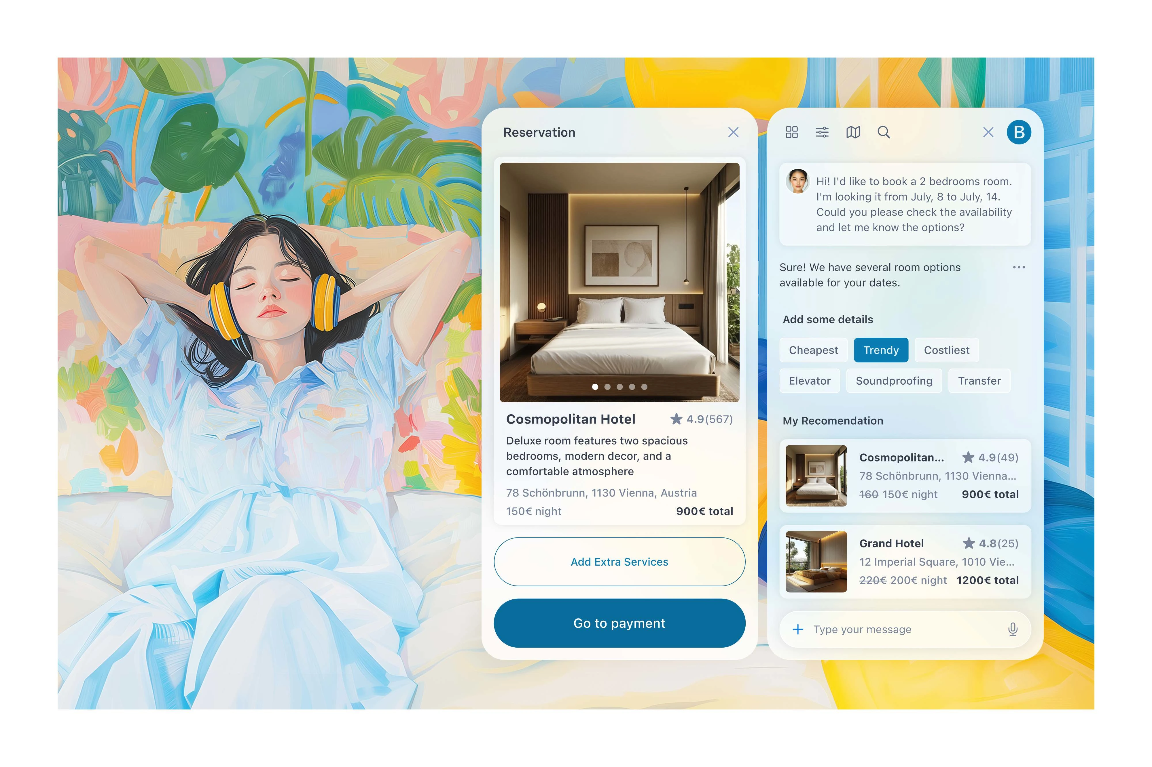 Room booking UI with AI assistant. Processes requests in natural language, showing filtered options with amenities and comparative pricing.
